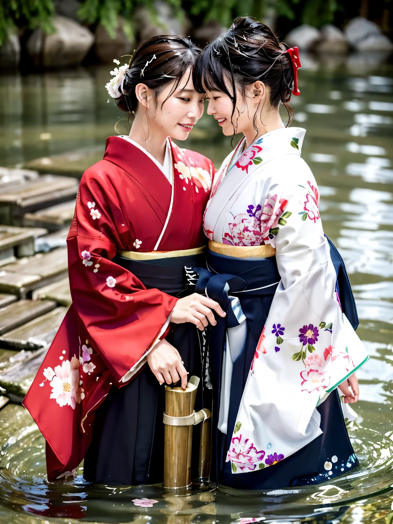 Realistic, long-sleeved kimono, hakama, long hakama, floral kimono, wet clothes, soaking wet clothes, wet and shiny clothes, clothes with a wet texture, clothes clinging to the body, woman submerged in a river, hakama submerged in a river, woman submerged in water, hakama submerged in water, women embracing each other