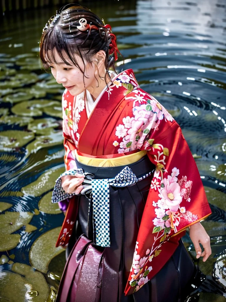 Realistic, long-sleeved kimono, hakama, long hakama, floral kimono, wet clothes, soaking wet clothes, wet and shiny clothes, clothes with a wet texture, clothes clinging to the body, woman submerged in a river, hakama submerged in a river, woman submerged in water, hakama submerged in water, women embracing each other