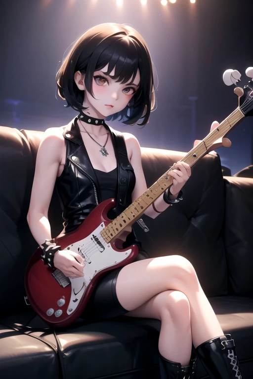 (((NSFW)))、((Masterpiece, Highest quality、Super detailed, Attention to detail))、Tabletop、girl、((high school girl、Black Hair、(Very Short Hair)、Slit eyes、Red Eyes、eight-headed body、Model-like style、Slender))、((((Completely naked))))、Silver earringultiple silver accessories、Silver Ring、Silver Ring、bandギャル、(((Red electric guitar)))、(((liveハウス、live、band、Dim lighting)))、(((Playing guitar)))、((live、Playing the guitar、On stage))、((No bra、No underwear))、(((Sweating a lot、Sweat dripping、Sweat vapor)))、(((Wet Hair)))、(((Body odor)))、((Sweaty smell))、((((Love juice overflows from the vagina))))、((Angle from below、I can see the vagina))、smile、(((Leg spread)))、(((tears、snot、Drooling)))、(((Dildo in vagina)))、(((Masturbation)))