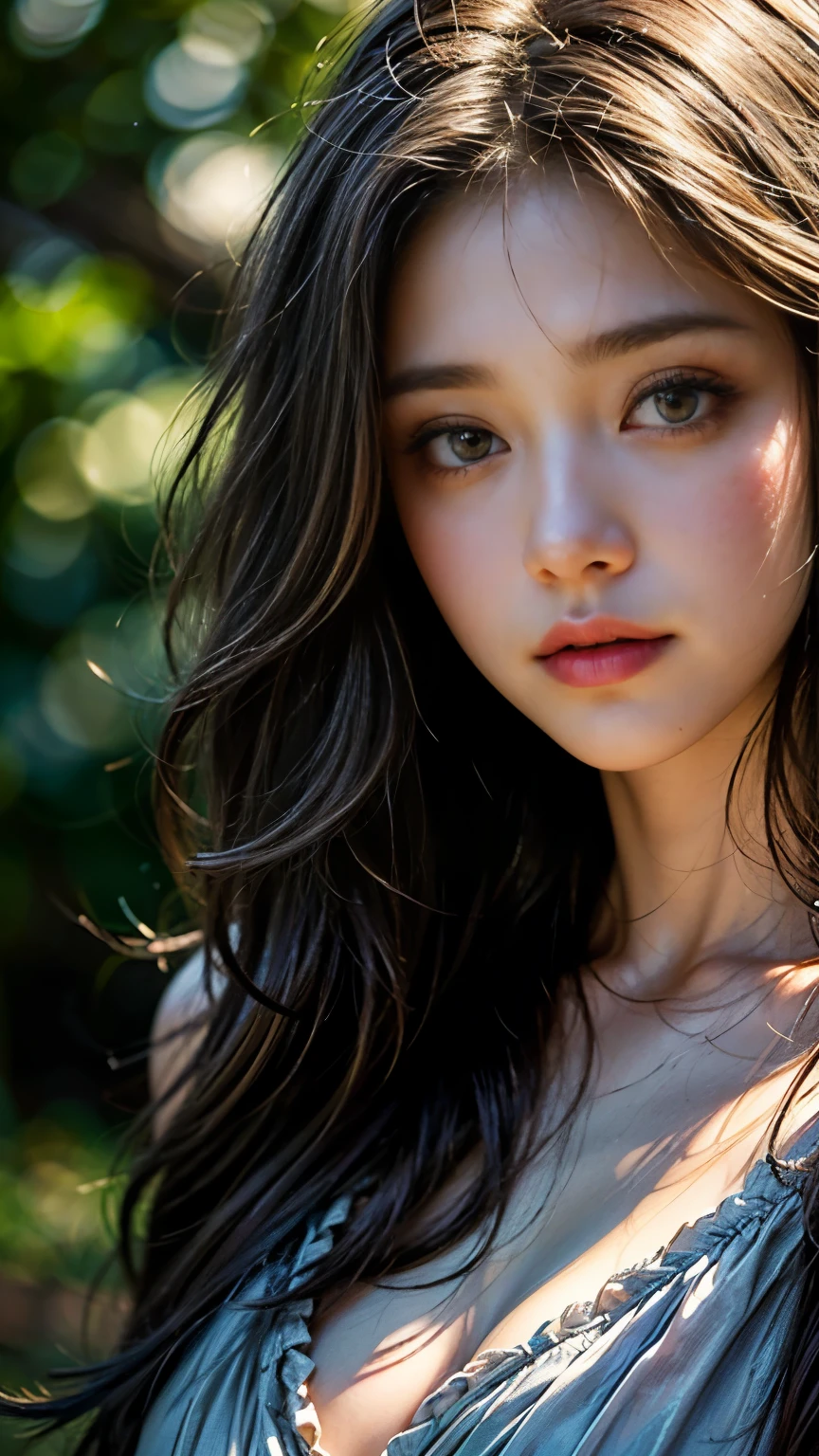 (in 8K、 Raw photography、beste-Qualit,、hight resolution),、(hyper realisitic)、(realisitic),、Soft light、、Kizi、Lifelike face、Realistic body、real-looking-skin、absurderes、​masterpiece、Cuties,、独奏、Innocent eyes、blusher、Cinema Lights、cherry colored lips、Hair Ribbon,The hair 、a closeup、looki at viewer、 Open lips,、Upper teeth,、(Smiling eyes:0.6)、eyes focus、professionally lit、CG Social Trends、Plastic En、((Black Long Hair))、((a beautiful lady))、(A smile)、Fashionab、A sexy、Hair that flutters in the wind、((Flowing hair))、Happy -、fashion magazine、((lighting like a movie))、((grass field))