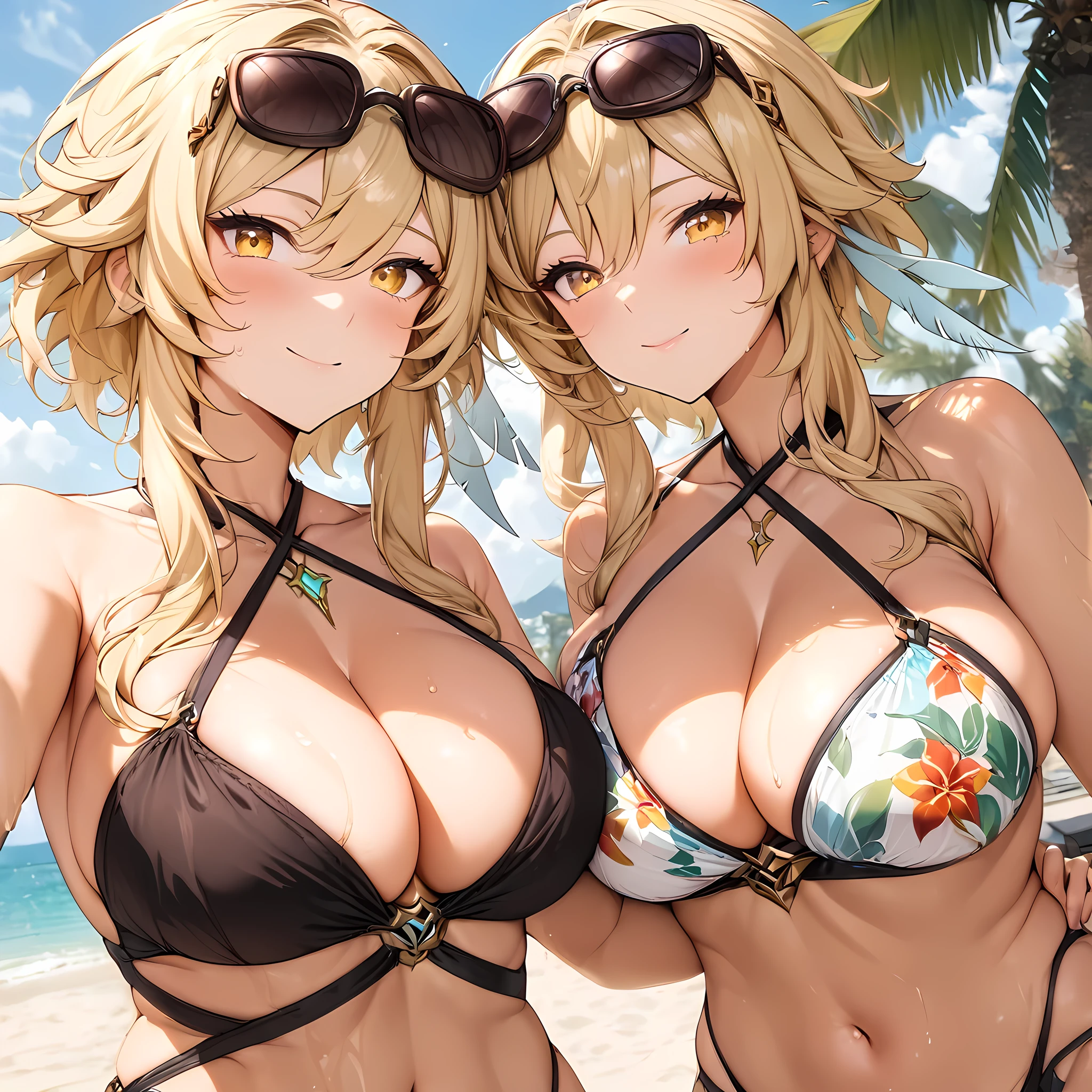 (masterpiece), best quality, expressive eyes, perfect face,((2girls)),aether,long hair,twintails,BREAK,lumine,genshin impact,big breasts,sexy bikini,criss-cross halter,cute bikini,colorful bikini,patterned bikini,sunglasses,hugging,breasts press,beach resort,poolside,palm trees,sexually aroused,seductive smile,smile,looking at each other,[[cleavage]],flower hairband,dutch angle,modeling, posing, seductive_pose,wet