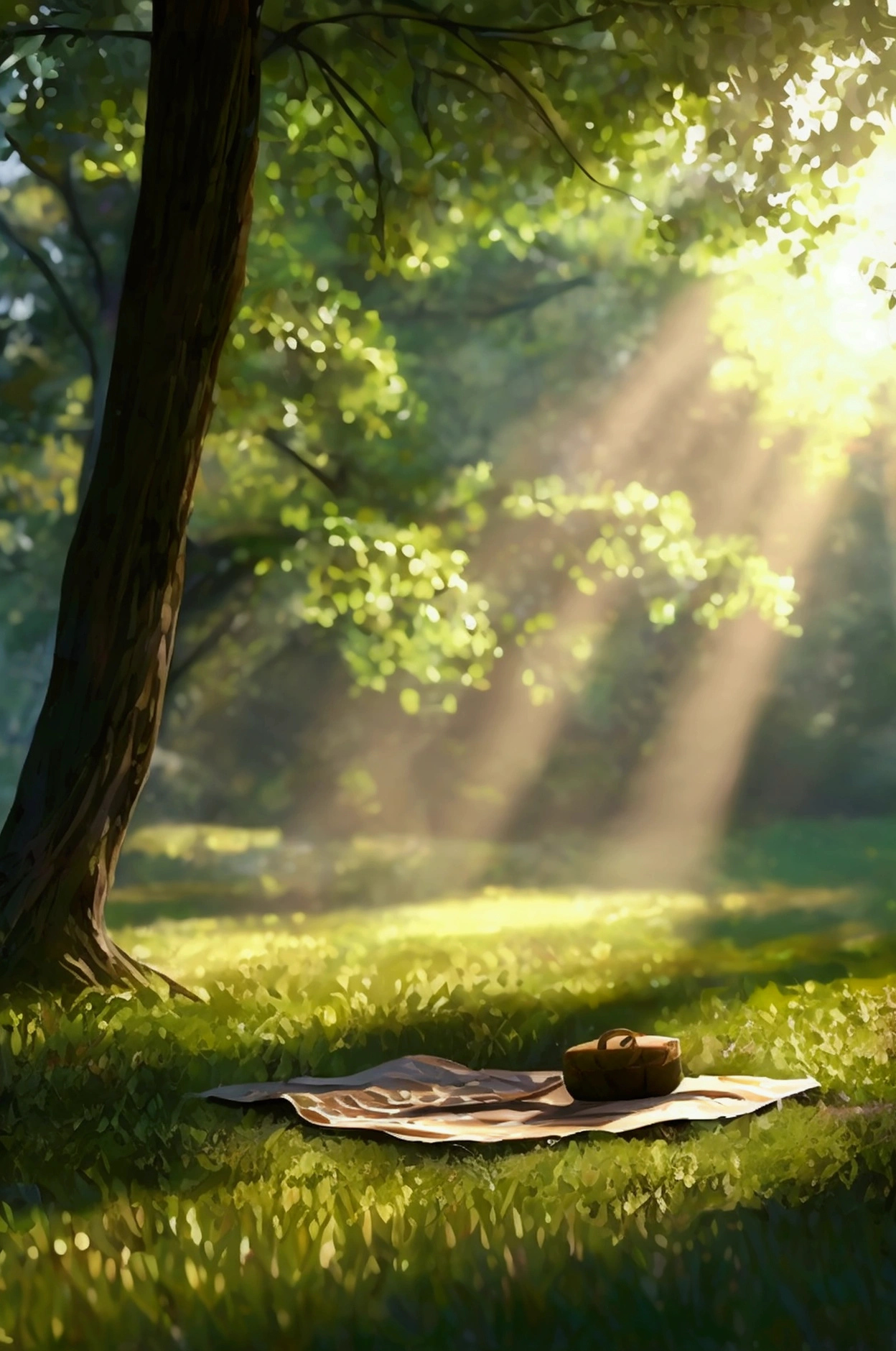 A serene outdoor park scene, with a gentle breeze rustling through the trees. Sunlight filters through the leaves, casting dappled shadows on a picnic blanket spread on the grass. The atmosphere is peaceful and inviting, symbolizing connection and shared moments among friends —ar 16:9.