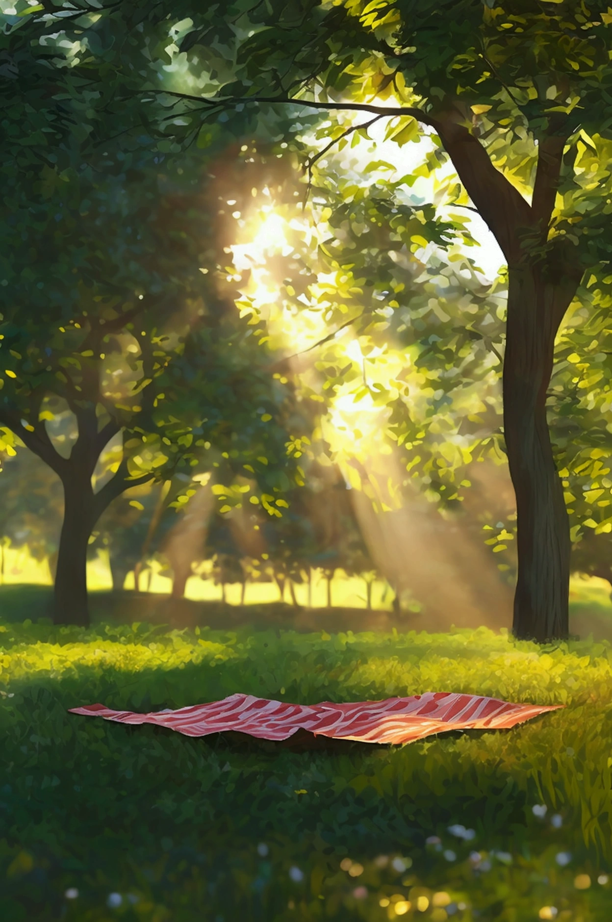 A serene outdoor park scene, with a gentle breeze rustling through the trees. Sunlight filters through the leaves, casting dappled shadows on a picnic blanket spread on the grass. The atmosphere is peaceful and inviting, symbolizing connection and shared moments among friends —ar 16:9.