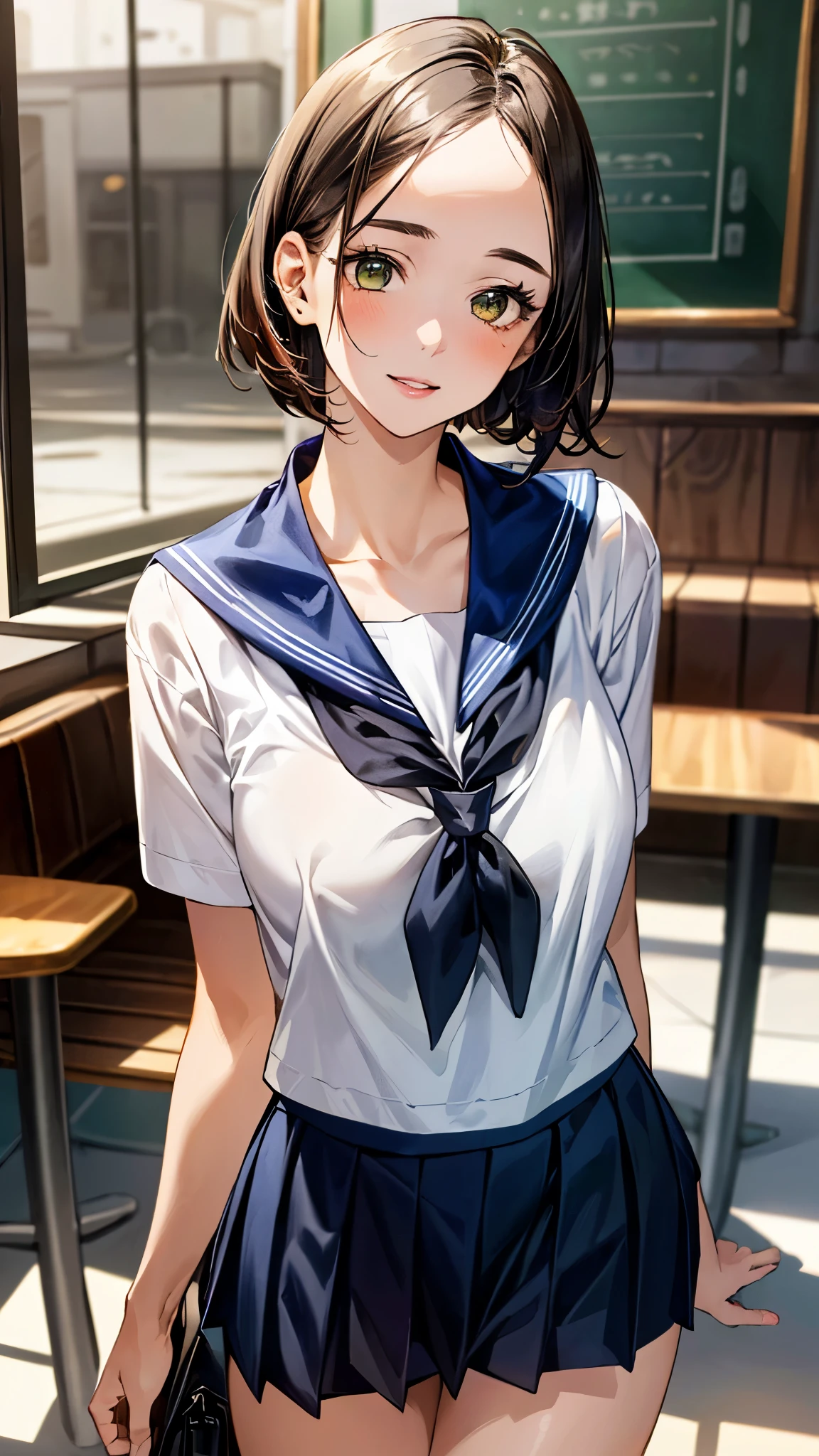 anime woman、solo、Game CG style、masterpiece、highest quality、High resolution、woman with short dark blue hair、yellow eyes、bob cut、scarface、big breasts、woman with very large breasts、tall woman、clavicle、、high school girl、sailor suit、白いsailor suit、Blue sailor collar、red neckerchief、long sleeve、navy blue skirt、pleated skirt、navy high sockary jane、mouth closed、a woman is standing、school classroom、cool atmosphere、nihilistic laughter、cowboy shot、perfect proportions、female focus、looking at viewer、