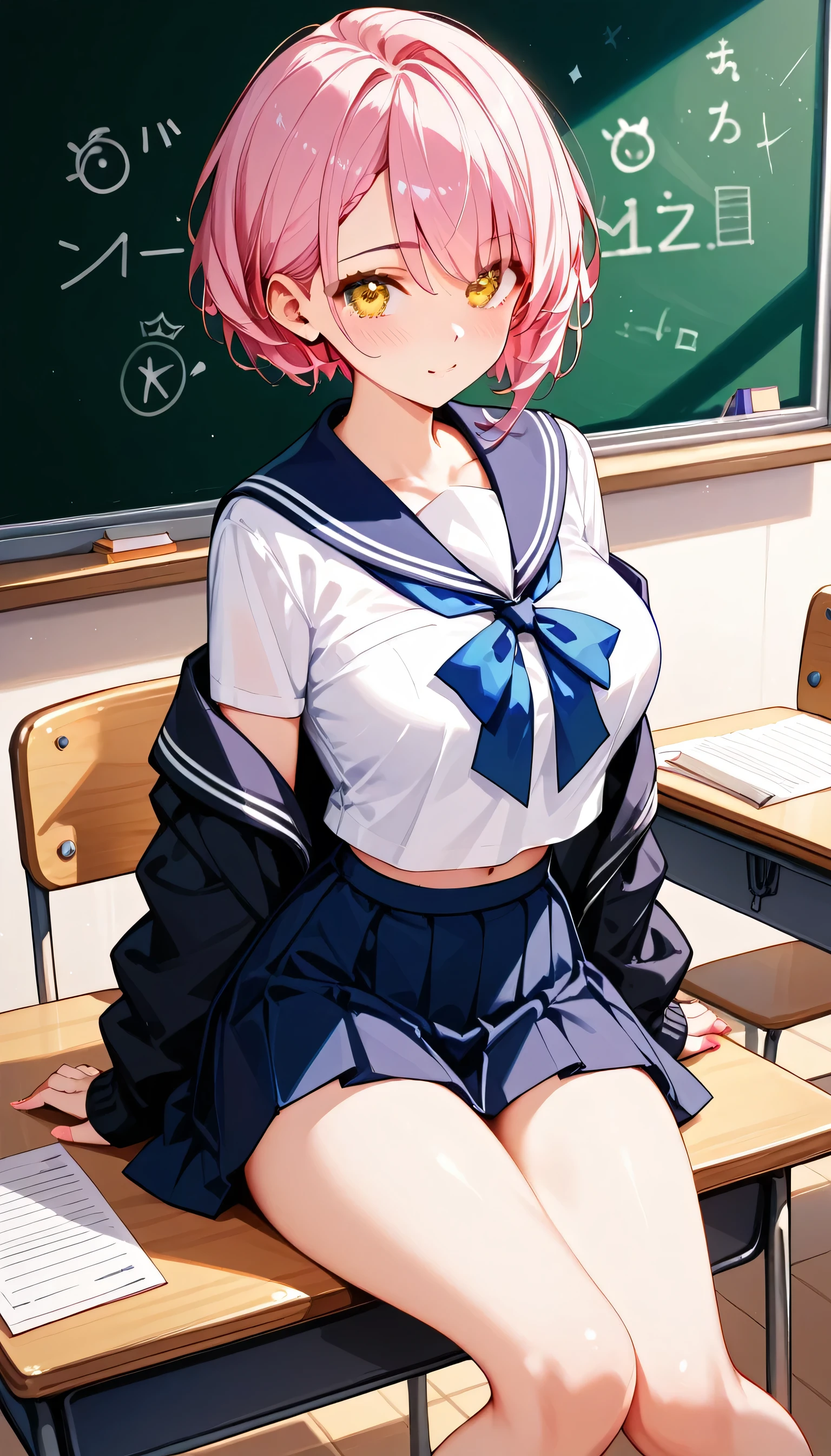 debris flieasterpiece、highest quality、Super detailed、High resolution、High resolution、8K portrait、Unity 8k壁紙のHigh resolutionCG、unity 8k wallpaper、cute:1.5、:1.5、Highly detailed CG unity 8k wallpaper、realistic、real person、cute、 portrait photography、shiny skin、High resolution、Pink hair shorthair、(:1.2)、(1 girl)、(classroom:1.6)、(school uniform),perfect face, seriously, (blush:1.5),(((clothing lift:1.5))), (medium chest:0.8), Detailed description vagina,show vagina,spread legs,spread ,((vaginal orgasm:1.5))