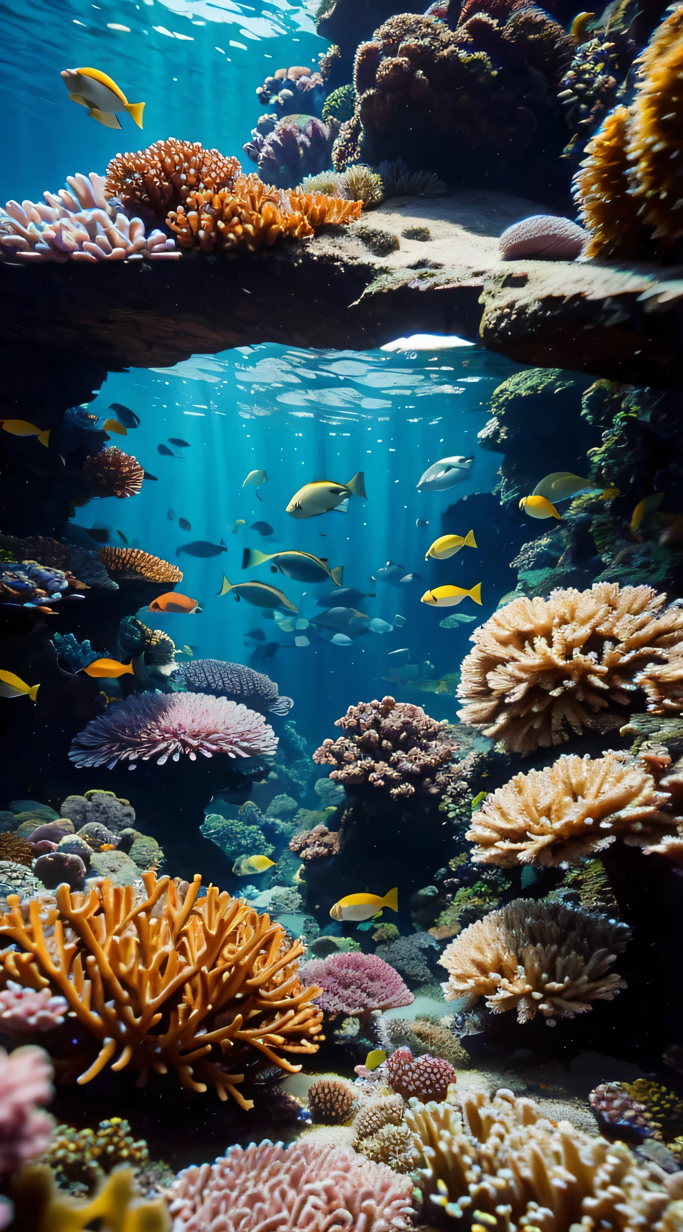 With high definition images，Underwater on the Great Barrier Reef (Colorful coral reefs), (School of fish), (海の下に美しいCoral), In the colorful sea, There is no one, Coral, Light, Fantasy-like sea, (A wide variety of fish), Detailed underwater, Streaks of light, Realistic, masterpiece,  high detail,Beautiful graphics, high detail,