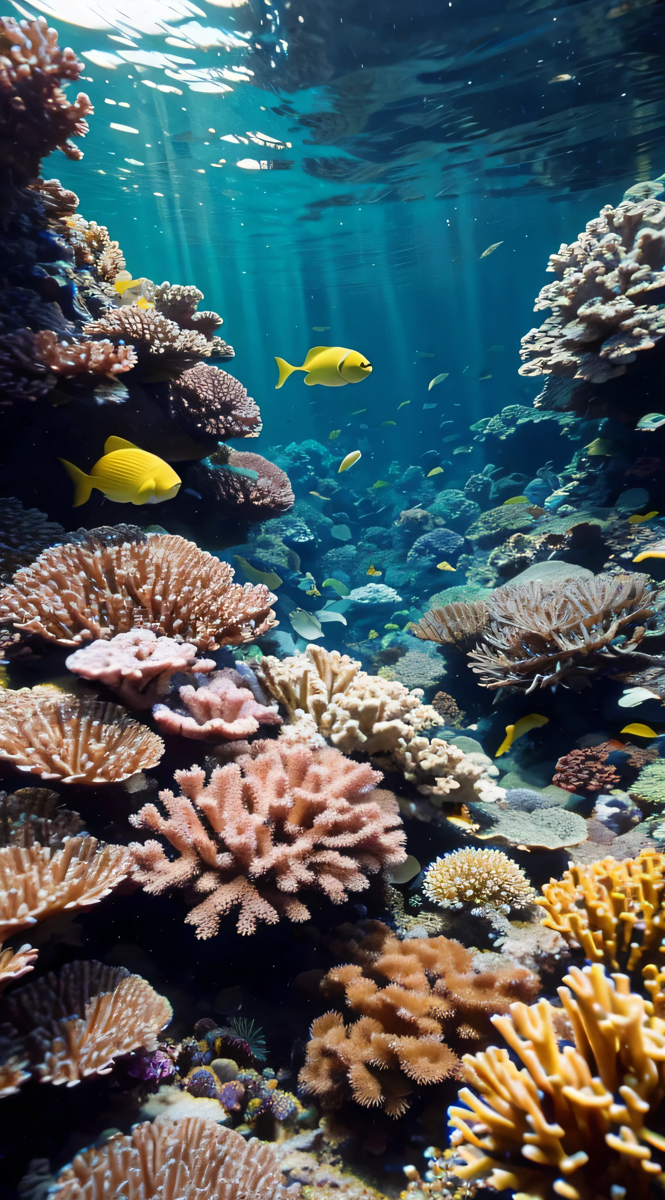 With high definition images，Underwater on the Great Barrier Reef (Colorful coral reefs), (School of fish), (海の下に美しいCoral), In the colorful sea, There is no one, Coral, Light, Fantasy-like sea, (A wide variety of fish), Detailed underwater, Streaks of light, Realistic, masterpiece,  high detail,Beautiful graphics, high detail,