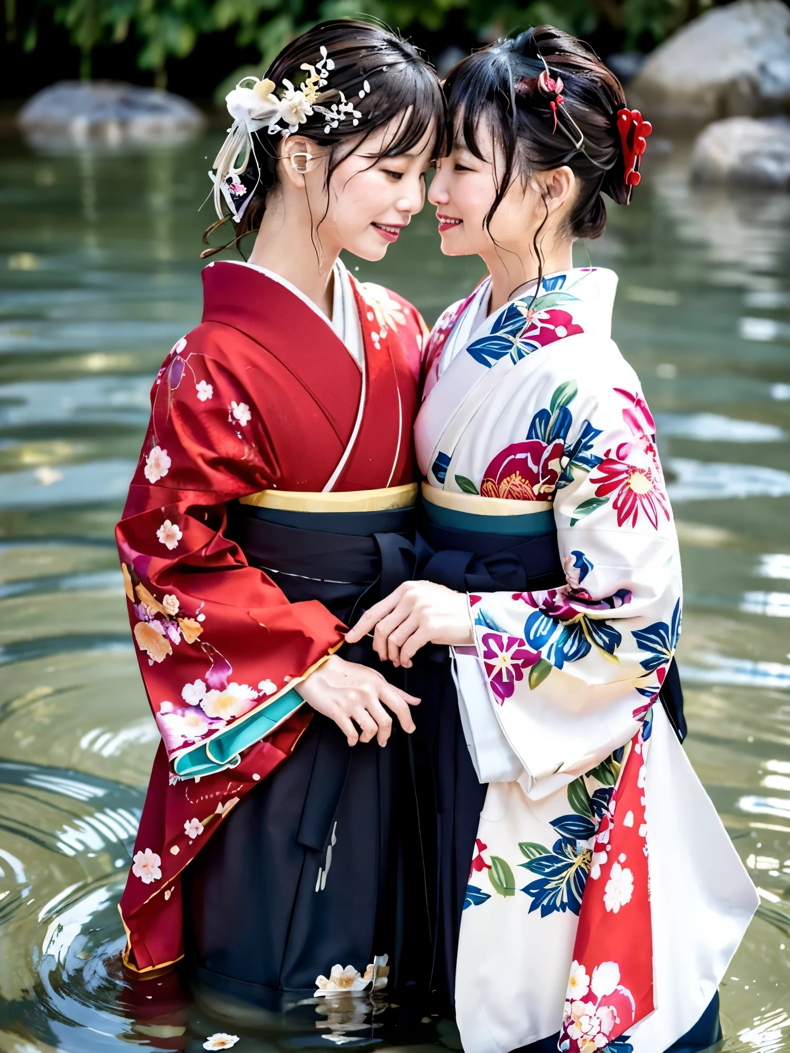 Realistic, long-sleeved kimono, hakama, long hakama, floral kimono, wet clothes, soaking wet clothes, wet and shiny clothes, clothes with a wet texture, clothes clinging to the body, woman submerged in a river, hakama submerged in a river, woman submerged in water, hakama submerged in water, women embracing each other