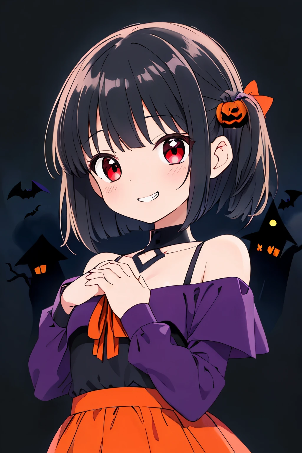 #Model,
One teen girl,shiny pitch black hair,long straight hair,
puff out cheeks,
red eyes,(slanted eyes:1.1),
(one mole under left eye:0.7),
(medium breasts:1.1),
(Grin face:0.9) ,
#upward glance,
(Place your hands on your chest:1.3),
(Photograph the upper body from front:1.2),
(pitch black Halloween costume:1.4),
Simple Background,
Short Bob with mini twin tail,
best quality,Highly detailed,sharp focus,masterpiece, vibrant colors,natural expression,
accurate, Anatomically correct,