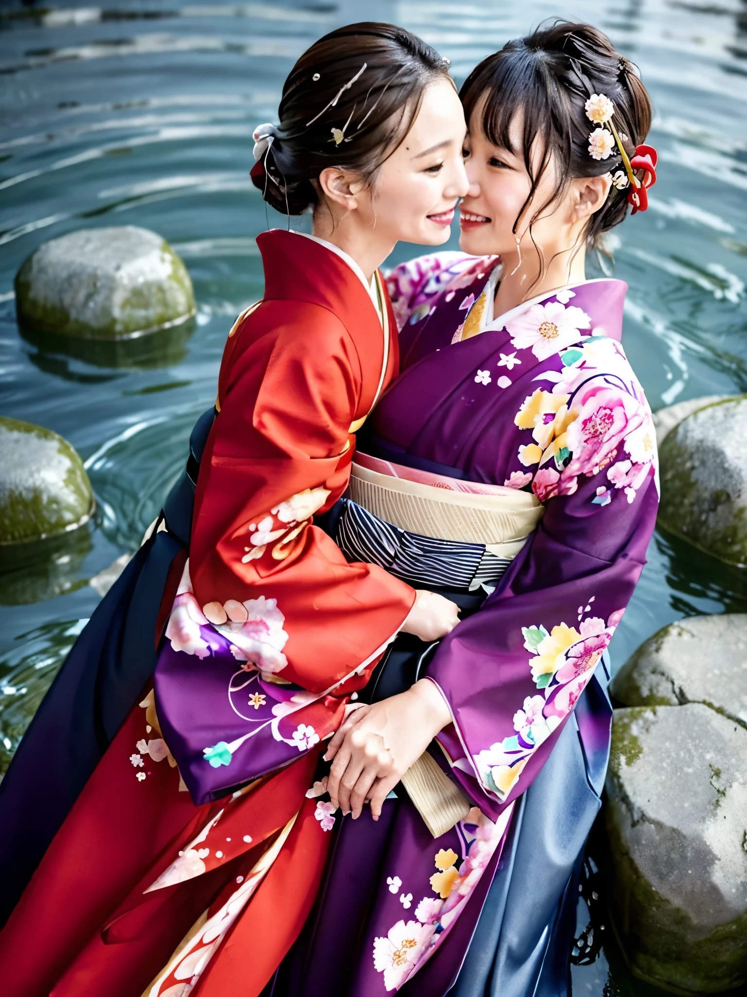 Realistic, long-sleeved kimono, hakama, long hakama, floral kimono, wet clothes, soaking wet clothes, wet and shiny clothes, clothes with a wet texture, clothes clinging to the body, woman submerged in a river, hakama submerged in a river, woman submerged in water, hakama submerged in water, women embracing each other