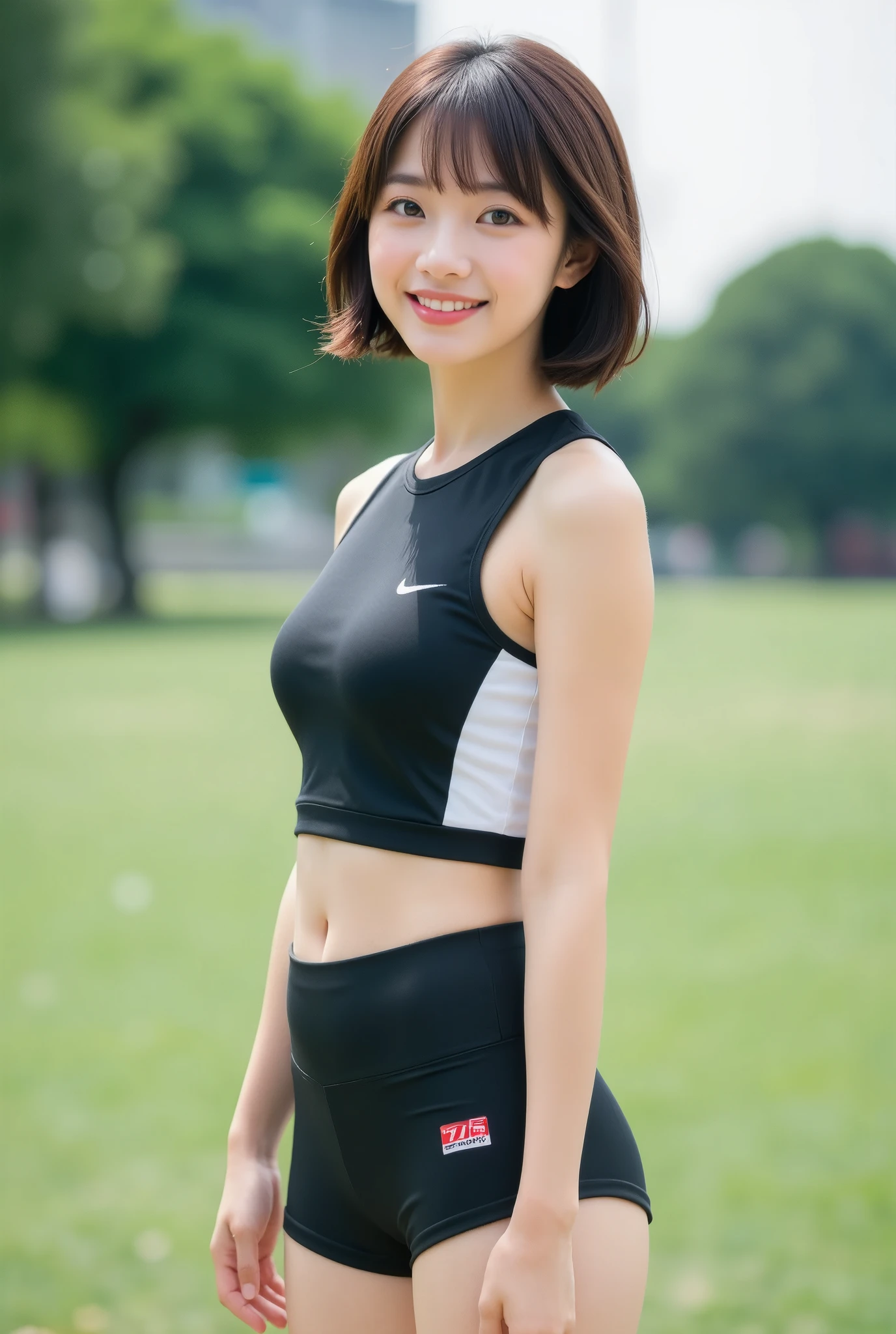 high school girl、beautiful girl、Idol、Short Hair、Black Hair、(Facing forward)、Japanese、8K、High definition、super beautiful、smile、whole body、Show your armpits、Highest quality、high quality、Armpit sweat、Ultra-realistic、Wet