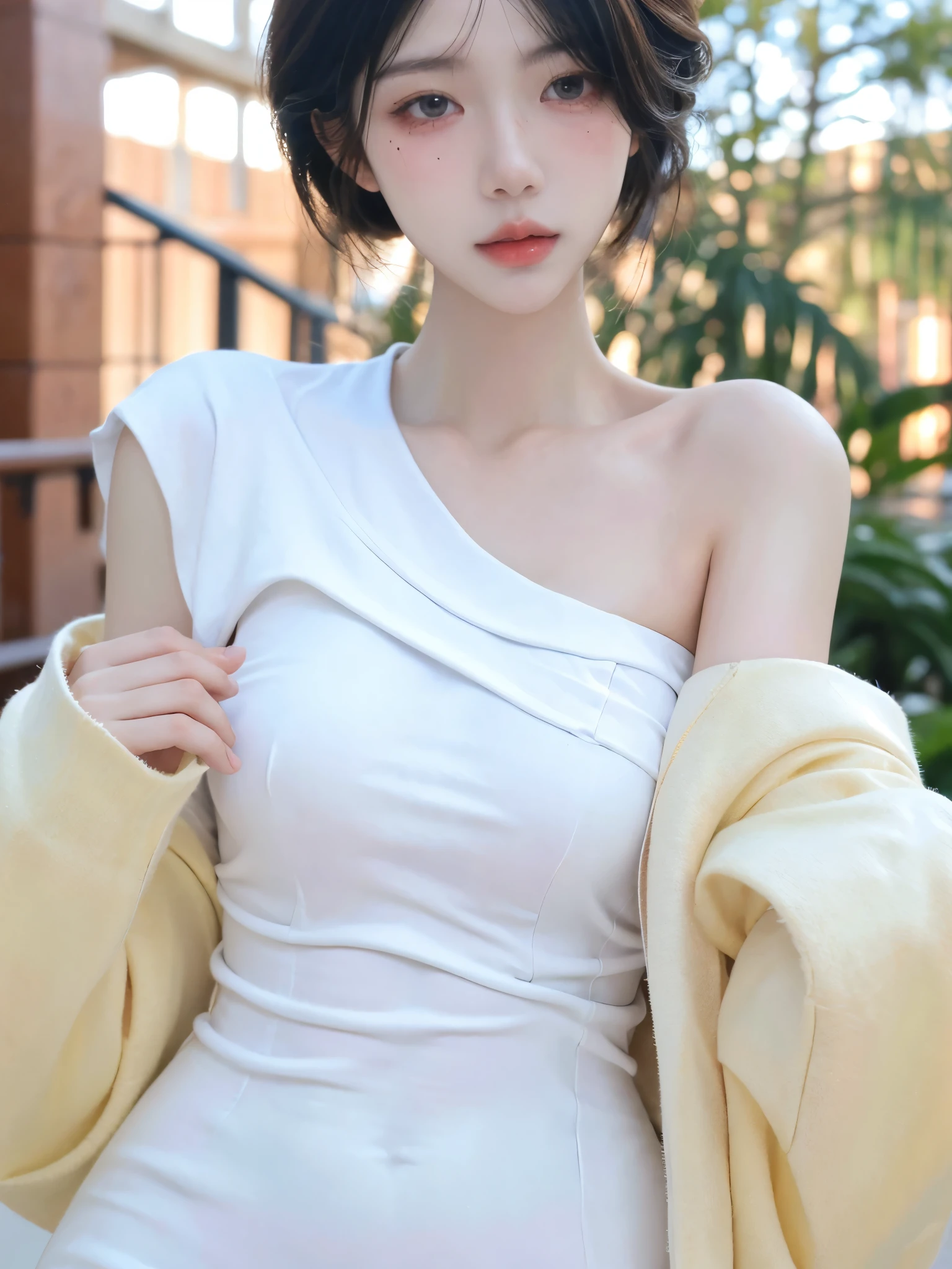 Beautiful woman with perfect figure:1.4,snow,Touching butt with both hands,snow背景,Layered Hairstyle,White skin,Prominent cleavage,Pleated Skirt,whole body,Very delicate face and skin texture,Double eyelids,Skin Whitening,Long white hair