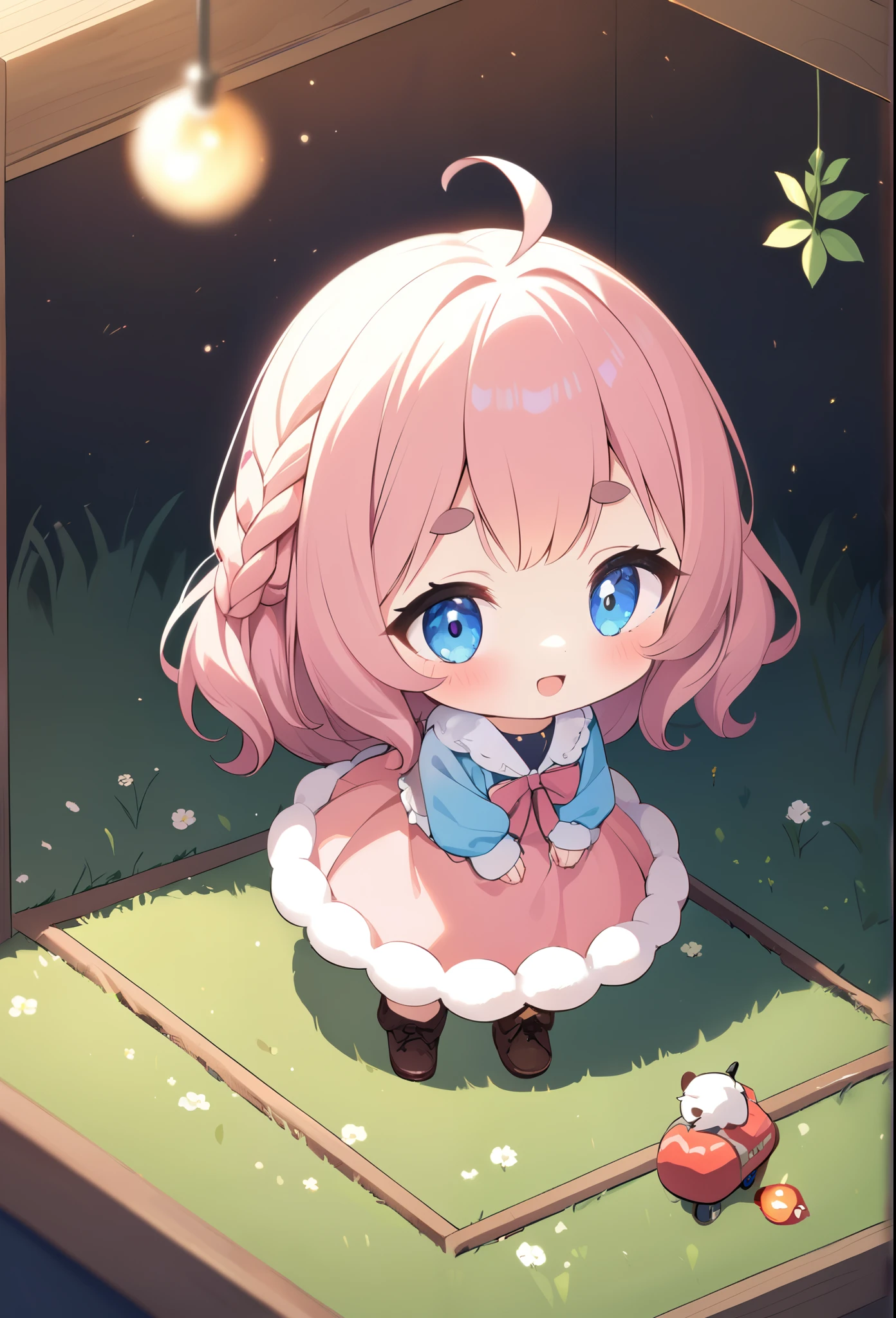 1girl\(smile, cute, Mouth open, (Fluffy hair:1.5), (hair floating),big eyes,cosmic eyes,Long Hair, hair(sheep wool), Pink Hair, ((glorious braid hair)), eyebrow, (((Thick eyebrows))), frilled Pink dress, Long skirt, pastel blue Cardigan, Brown short boots, riding on sheep\(fluffy\),[horn:2.0],\), BREAK ,background\(Fluffy sheeps\(big, cute\),beautiful grassfield,soft sunshine of spring season, (((isometric view))), BREAK ,quality\(8k,wallpaper of extremely detailed CG unit, ​masterpiece,hight resolution,top-quality,top-quality real texture skin,hyper realisitic,increase the resolution,RAW photos,best qualtiy,highly detailed,the wallpaper,cinematic lighting,ray trace,golden ratio,\), blurry foreground, blush, bokeh,depth of field,[horn:2.0]