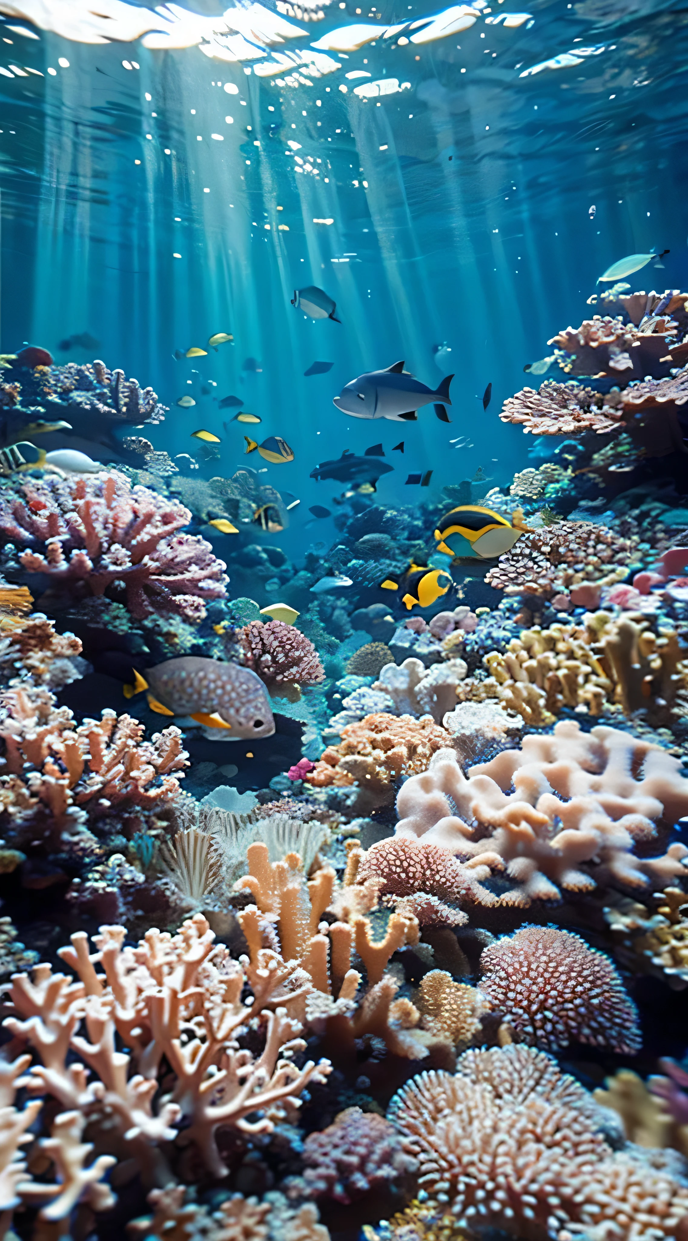 With high definition images，Underwater on the Great Barrier Reef (Colorful coral reef sea), (School of fish), (Beautiful coral under the sea), In the colorful sea, There is no one, Colorful Coral, Fantasy-like sea, (A wide variety of fish), Detailed underwater, Streaks of light, Realistic, masterpiece, high detail,Beautiful graphics, high detail,