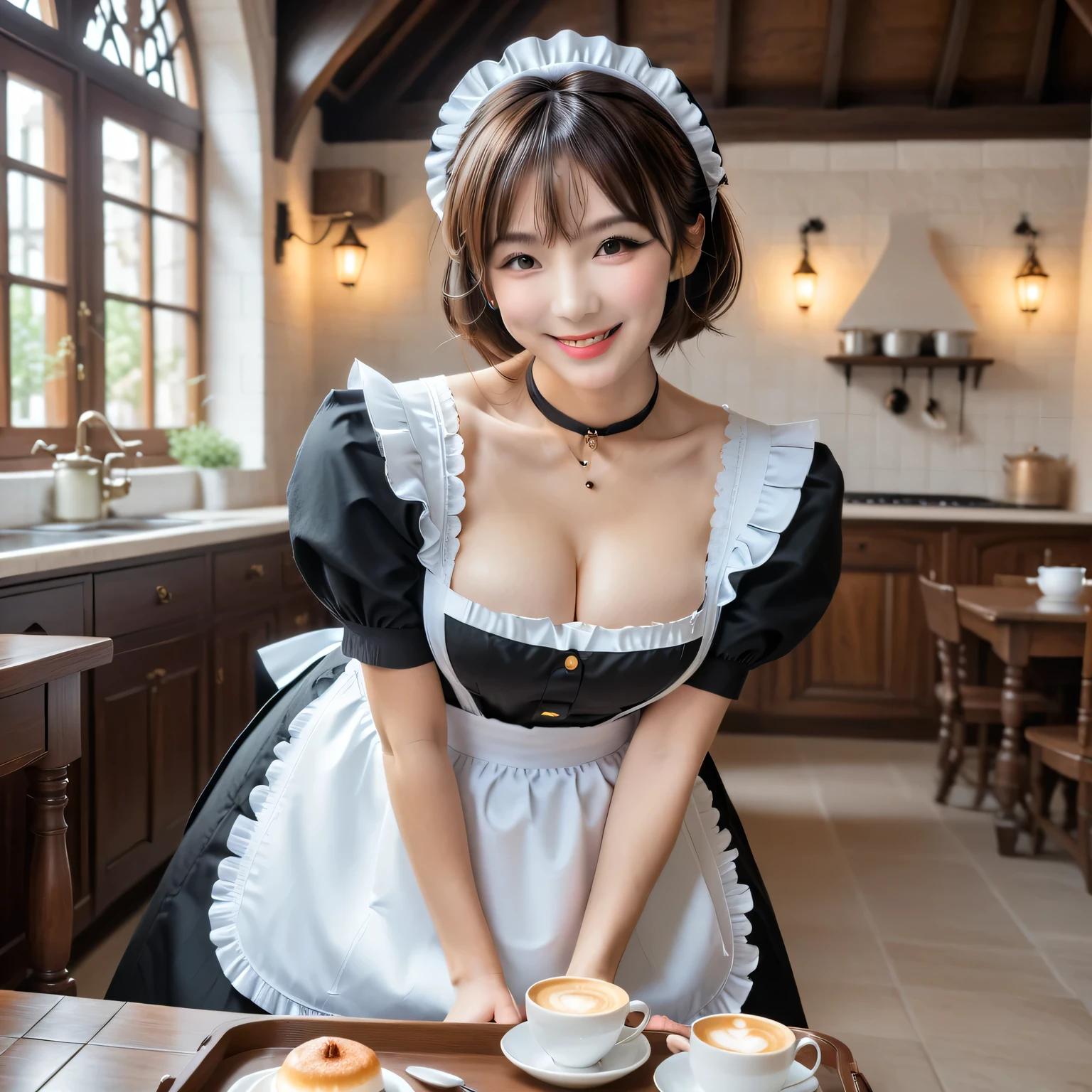 Score_9, Score_8, Score_8upScore_7, Best Quality、masterpiece、Alone、((Cute maid outfit)), ((Layered Haircut)), Slender body, Slim face, （8k，Best Quality），Shooting from a medium distance,  Adorable， smile，Perfect hands，Black choker、Almond Eye、bangs, Brown Hair, Very thick and long eyelashes, Perfect Makeup, Medieval style, Fantasy House Study, A maid delivering coffee on a tray、The maid is bending down to place the coffee., slouch