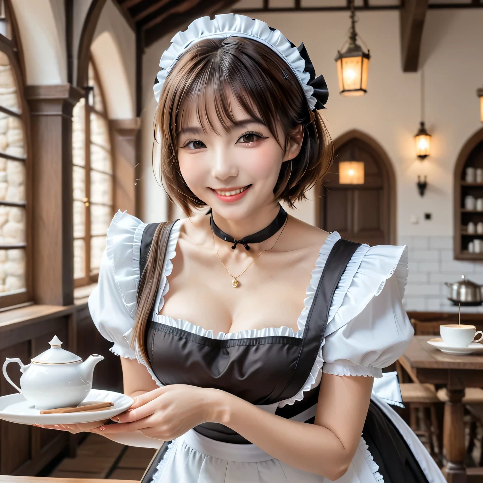 Score_9, Score_8, Score_8upScore_7, Best Quality、masterpiece、Alone、((Cute maid outfit)), ((Layered Haircut)), Slender body, Slim face, （8k，Best Quality），Shooting from a medium distance,  Adorable， smile，Perfect hands，Black choker、Almond Eye、bangs, Brown Hair, Very thick and long eyelashes, Perfect Makeup, Medieval style, Fantasy House Study, A maid delivering coffee on a tray、The maid is bending down to place the coffee., slouch