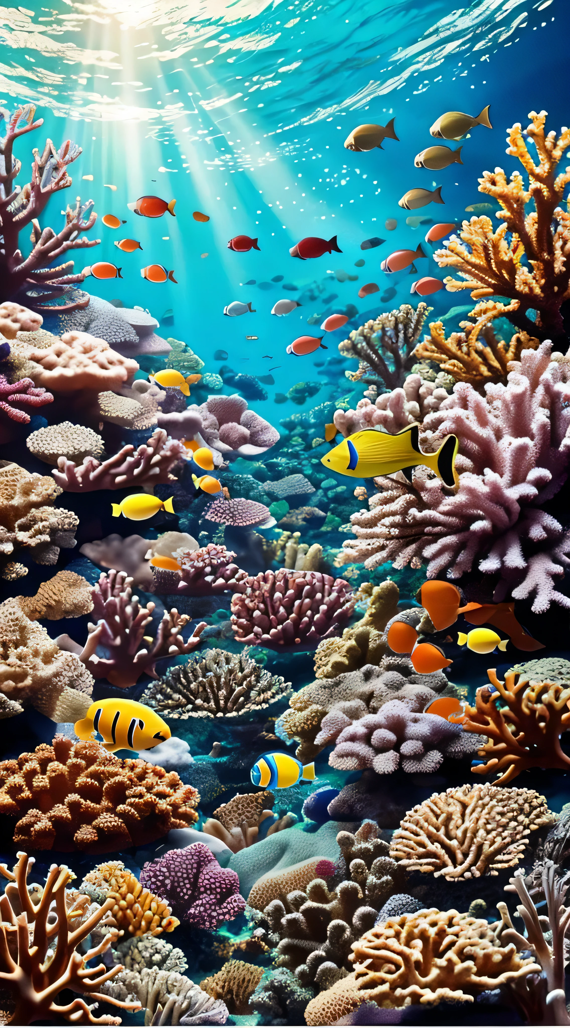 With high definition images，Underwater on the Great Barrier Reef (Colorful coral reef sea), (School of fish), (Beautiful coral under the sea), In the colorful sea, There is no one, Colorful Coral, Fantasy-like sea, (A wide variety of fish), Detailed underwater, Streaks of light, Realistic, masterpiece, high detail,Beautiful graphics, high detail,