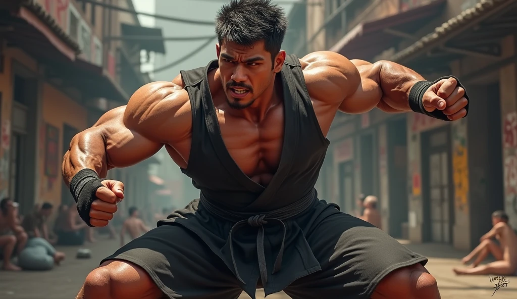 Herculean gladiator, bare chest, lower body revealed from thighs to feet, long curls cascading, meticulous muscle definition, photorealistic portrayal, 4K quality. Background: Colosseum in ancient Rome,32k uhd, best quality, masterpiece, super detail, high details