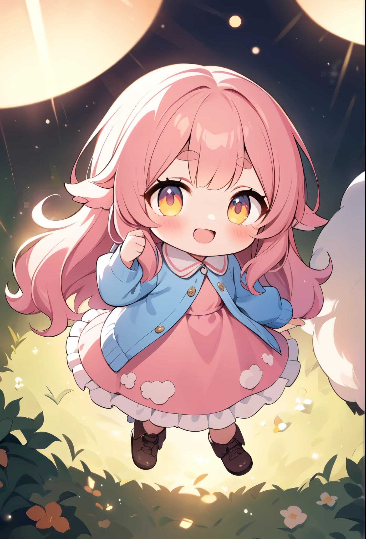 1girl\(smile, cute, Mouth open, (Fluffy hair:1.5), (hair floating),big eyes,cosmic eyes,Long Hair, hair(sheep wool), Pink Hair, ((glorious hair)), eyebrow, (((Thick eyebrows))), frilled Pink dress, Long skirt, pastel blue Cardigan, Brown short boots, riding on sheep\(fluffy\),[horn:2.0],\), BREAK ,background\(Fluffy sheeps\(big, cute\),beautiful grassfield,soft sunshine of spring season, (((isometric view))), BREAK ,quality\(8k,wallpaper of extremely detailed CG unit, ​masterpiece,hight resolution,top-quality,top-quality real texture skin,hyper realisitic,increase the resolution,RAW photos,best qualtiy,highly detailed,the wallpaper,cinematic lighting,ray trace,golden ratio,\), blurry foreground, blush, bokeh,depth of field,