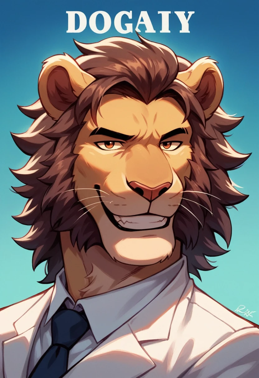 Portrait of a lion, wearing white suit, hairstyle Mane, Smiling, taken out on a poster, album musical de los 80's, Bad Boys Blue, photograph, DETAILED, blue background, shiny background lines.