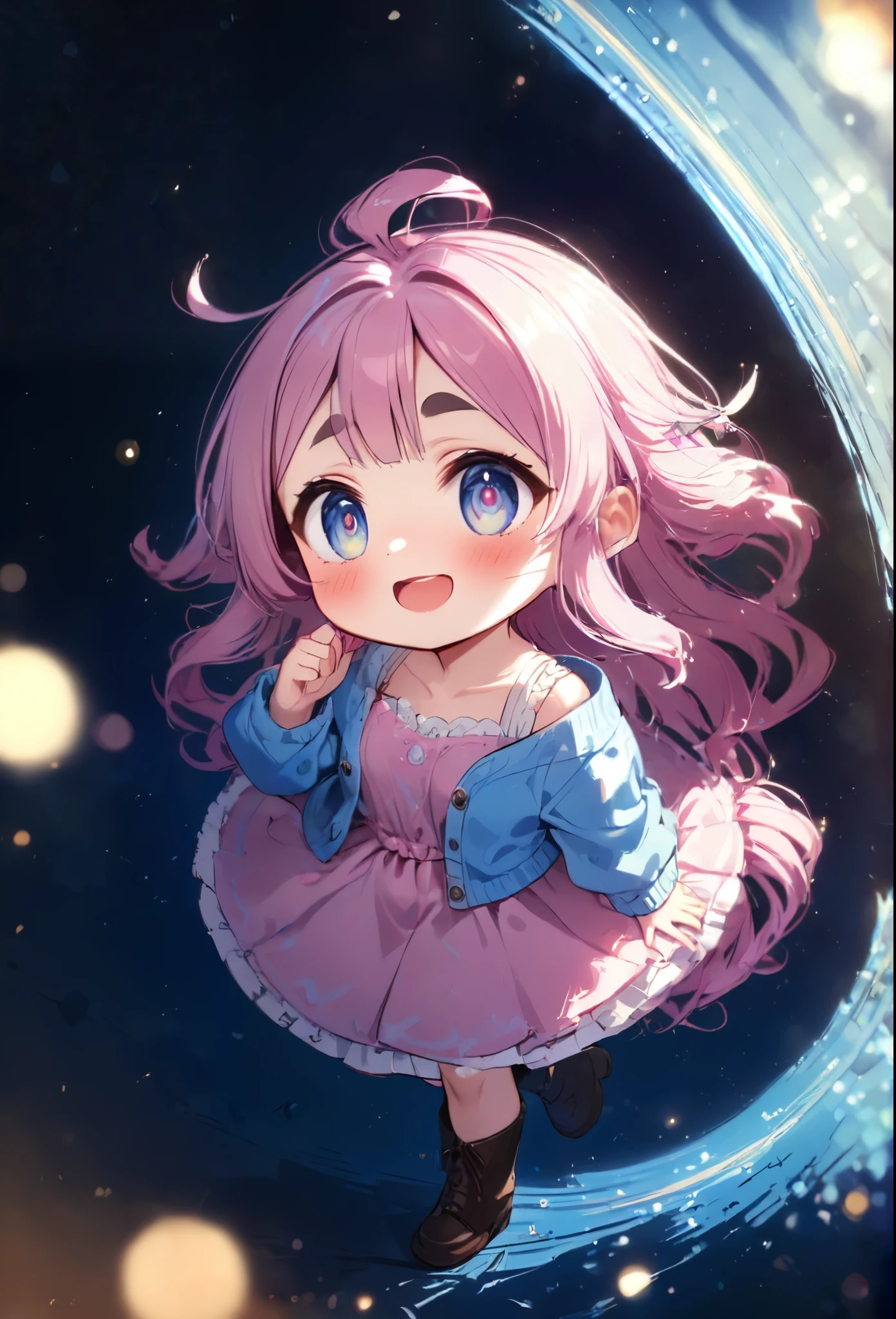 1girl\(smile, cute, Mouth open, (Fluffy hair:1.5), (hair floating),big eyes,cosmic eyes,Long Hair, hair(sheep wool), Pink Hair, ((glorious hair)), eyebrow, (((Thick eyebrows))), frilled Pink dress, Long skirt, pastel blue Cardigan, Brown short boots, riding on sheep\(fluffy\),\), BREAK ,background\(Fluffy sheeps\(big, cute\),beautiful grassfield,soft sunshine of spring season, (((isometric view))), BREAK ,quality\(8k,wallpaper of extremely detailed CG unit, ​masterpiece,hight resolution,top-quality,top-quality real texture skin,hyper realisitic,increase the resolution,RAW photos,best qualtiy,highly detailed,the wallpaper,cinematic lighting,ray trace,golden ratio,\), blurry foreground, blush, bokeh,depth of field,