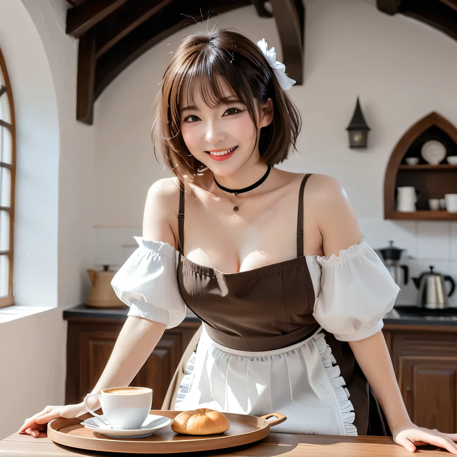 Best Quality Detail:1.2, realisitic, 8K UHD, hight resolution, 1girl in:1.2, The ultra-detailliert, High quality textures, intricate detailes, detaileds, Very detailed CG, High quality shadows, Detail Beautiful delicate face, Detail Beautiful delicate eyes, depth of fields, Ray traching, Women over 24 years old, Pretty Kpop Girl, Korean Urzan Face:1.1, Slender face, ulzzang -6500-v1.1:0.6, pureerosface_v1, gloweyes, teak, Glossy lips, perfectbody、sitting on、tits out、cleavage of the breast、((maid clothes))、Gothic lolita、Photorealsitic:1.4, ultra-detailliert, photos realistic, Full Color RAW Photos, Fuji Film(Medium format:1.2), Incredible dynamic range photography(UTIL_Art by Smoose-768:1.1), hight resolution, High pixel count, clear details, crisp image, Natural color reproduction, Noise Reduction, High fidelity, qulity, Software Improvements, Upscaling, Optimized algorithms, Pro-level retouching、(((Maid Cafe)))、tea shop、