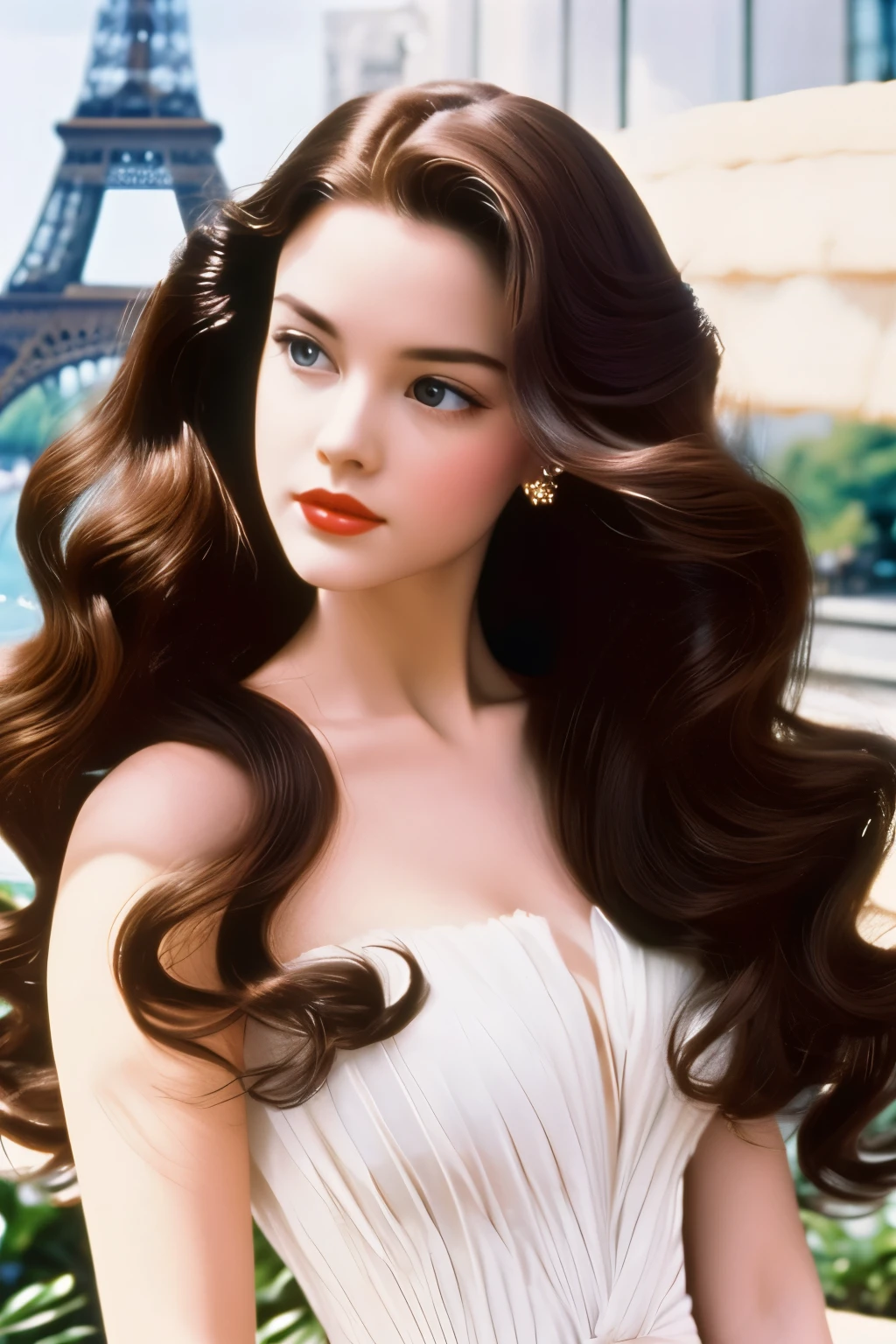 Film still, girl, brown hair, long wavy hair, pale white skin, 1989 movie, paris, red dior