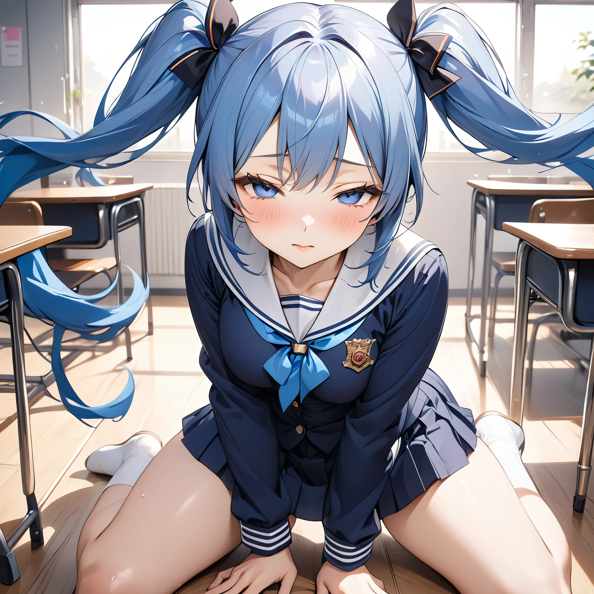 small breasts，twin tails，beautiful girl ，rolled up the skirt，spread your legs，masturbation，blush，masturbate，school uniform，crying face