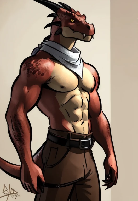 (by bgn, anime, soft hatching, simple shading, no shadows, no shading) anthropomorphic, solo, human anatomy, adult, tall, mature, anthro, (lean, fit body, skinny muscles, biceps), (red kobold, red scales, yellow eyes, snout, horns, claws, tail, scales, fangs, tan chest, tan belly), (bandit clothes, belt around waist, brown tunic, shirtless, strap around torso, brown pants, white bandana)