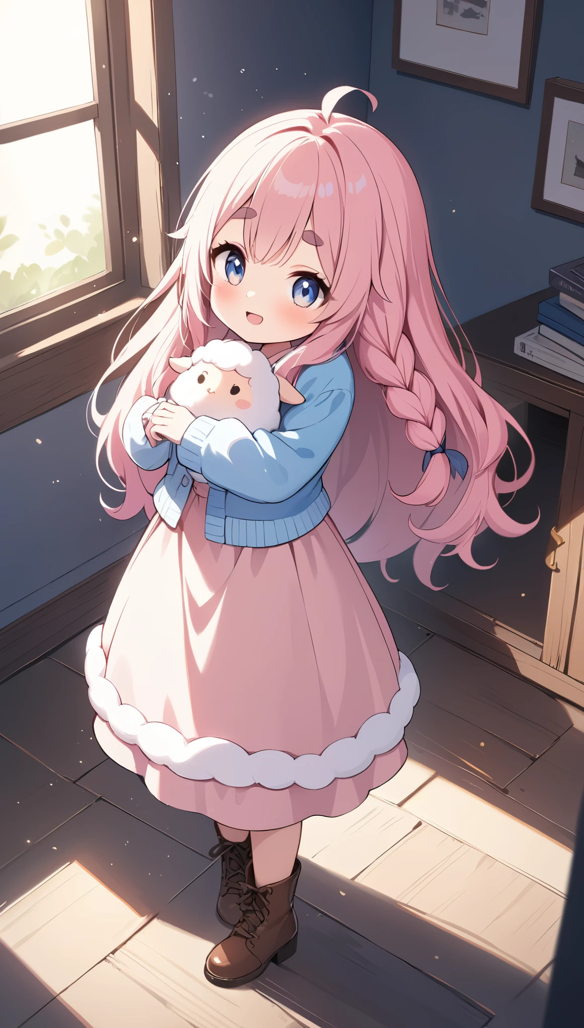 
1girl\(smile, cute, Mouth open, (Fluffy hair:1.5), (hair floating),big eyes,cosmic eyes,Long Hair, hair(sheep wool), Pink Hair, ((glorious braid hair)), eyebrow, (((Thick eyebrows))), frilled Pink dress, Long skirt, pastel blue Cardigan, Brown short boots, lean on sheep\(fluffy\),\), BREAK ,background\(Fluffy sheeps\(big, cute\),beautiful grassfield,soft sunshine of spring season, (((isometric view))), BREAK ,quality\(8k,wallpaper of extremely detailed CG unit, ​masterpiece,hight resolution,top-quality,top-quality real texture skin,hyper realisitic,increase the resolution,RAW photos,best qualtiy,highly detailed,the wallpaper,cinematic lighting,ray trace,golden ratio,\), blurry foreground, blush, bokeh,depth of field,