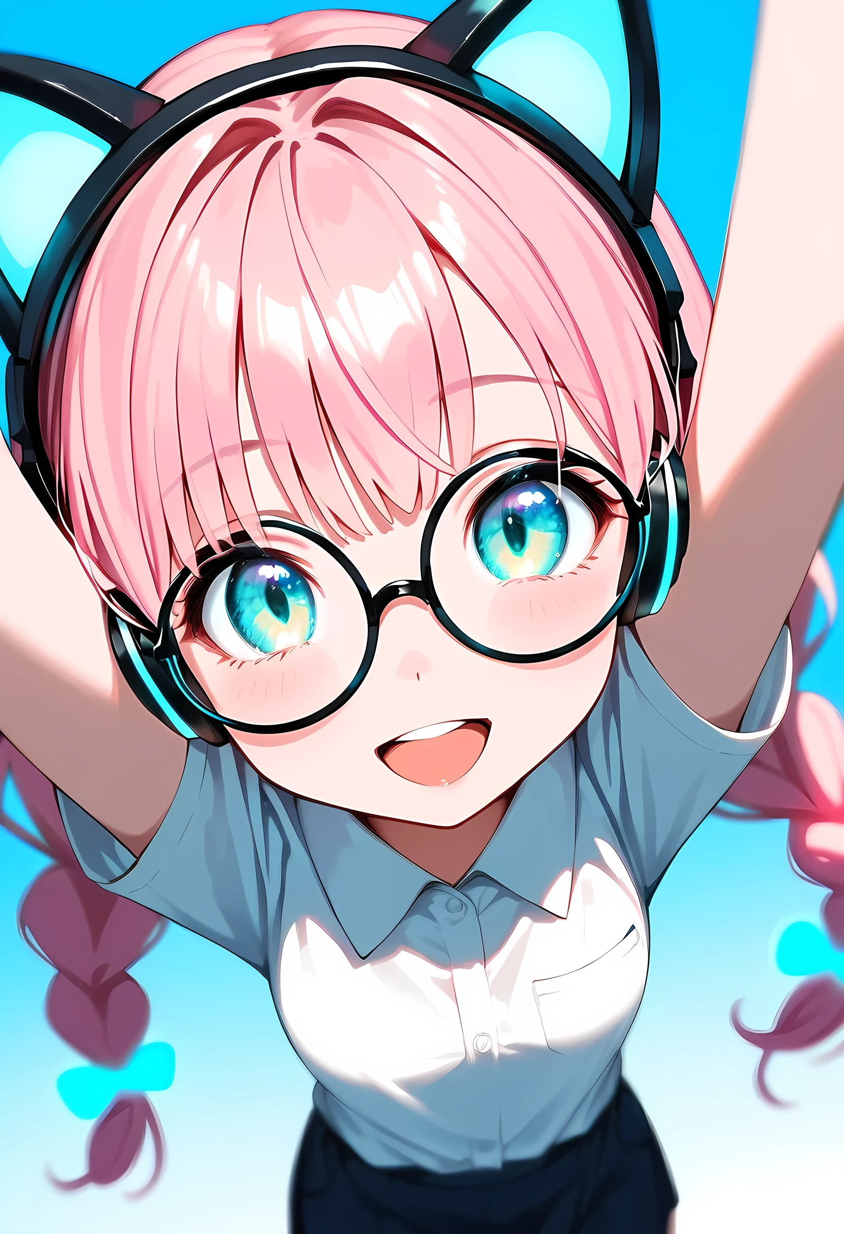(best quality:1.2), (ultra-detailed:1.2), (2.5D:1.2), (Anime Moe Art Style), 1girl , pink hair, Cyan eyes, gradient eyes, twin braids, blue Glowing cat ear headphones, black round glasses, collared shirt, smile beam, open mouth, dynamic angle, simple background, pastel blue background, face focus, from above, cowboy shot, arms raised in the air