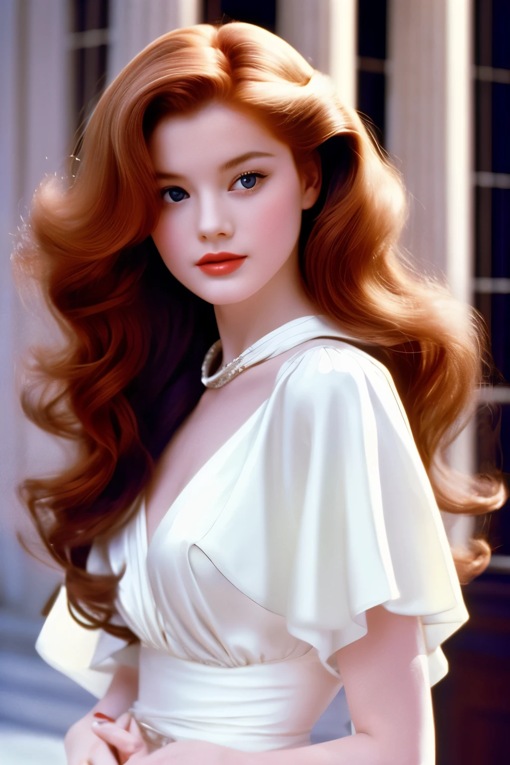 Film still, girl, ginger hair, long wavy hair, pale white skin, 1989 movie, paris, red dior