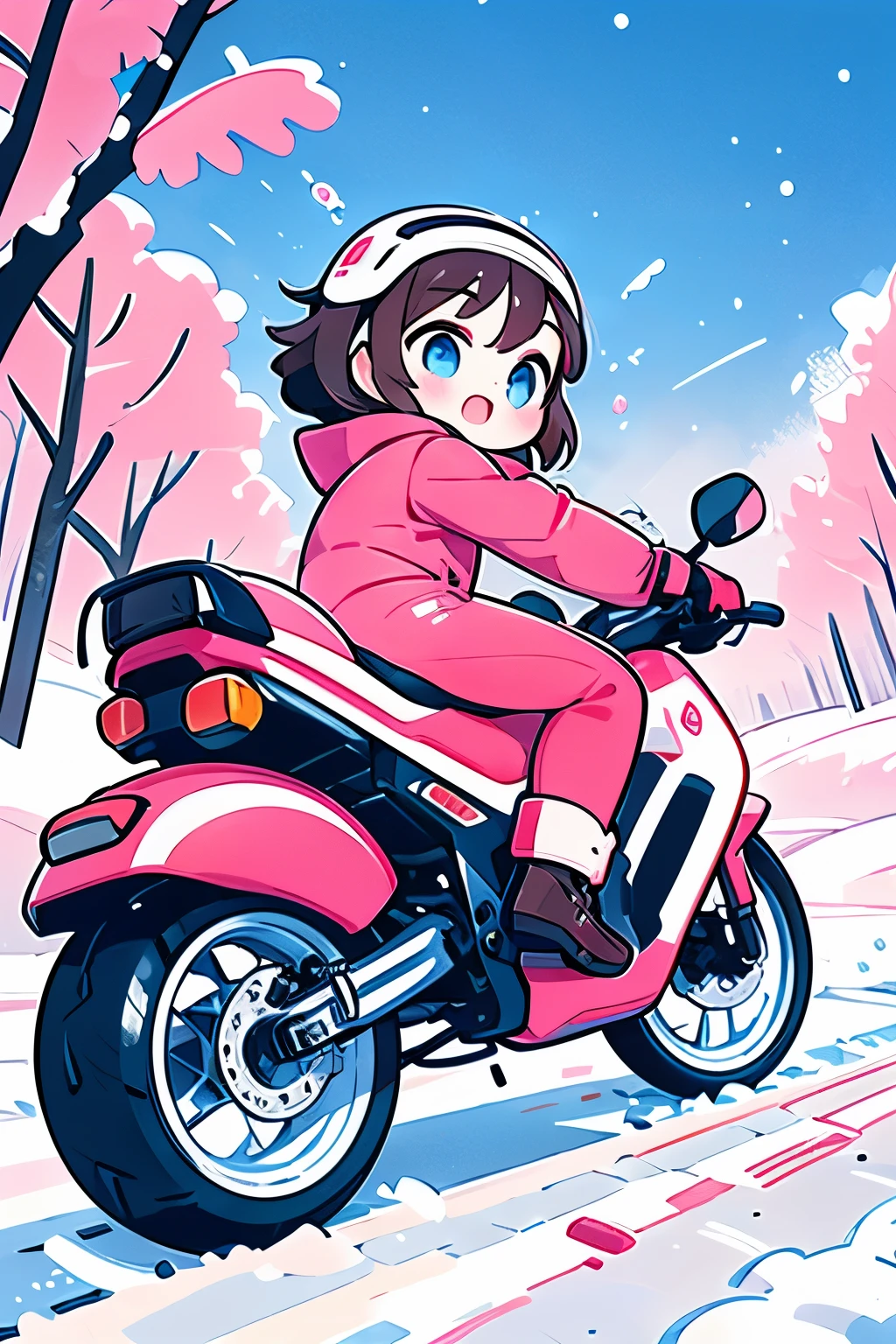 araffe riding a pink motorcycle on a snowy road with trees in the background, by mads berg, inspired by mads berg, riding, ( ( mads berg ) ), motorcycle, winter season, riding a motorcycle, wojtek fus, by Alexander Kucharsky, moped, detailed scene, alexey egorov, action shot girl in parka, by Henrik Weber