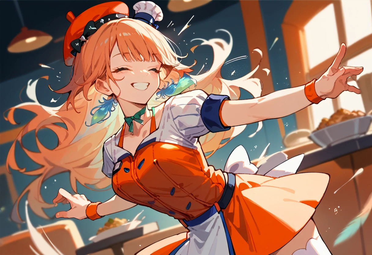 1 girl (masterpiece) perfect face, eyes closed, KiaraBase, long hair, feather earrings, orange beret, mini chef hat, ribbon choker, white thighhighs, orange bikini, bright smile, (dancing, bouncing boobs), at a restaurant