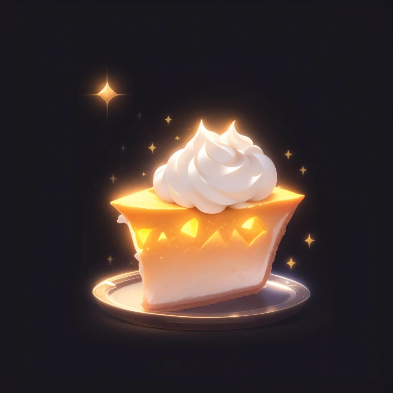 game icon institute, game icon, Single Pumpkin Pie Slice, whipped cream on top, black background, glow and some sparkles,yellow,