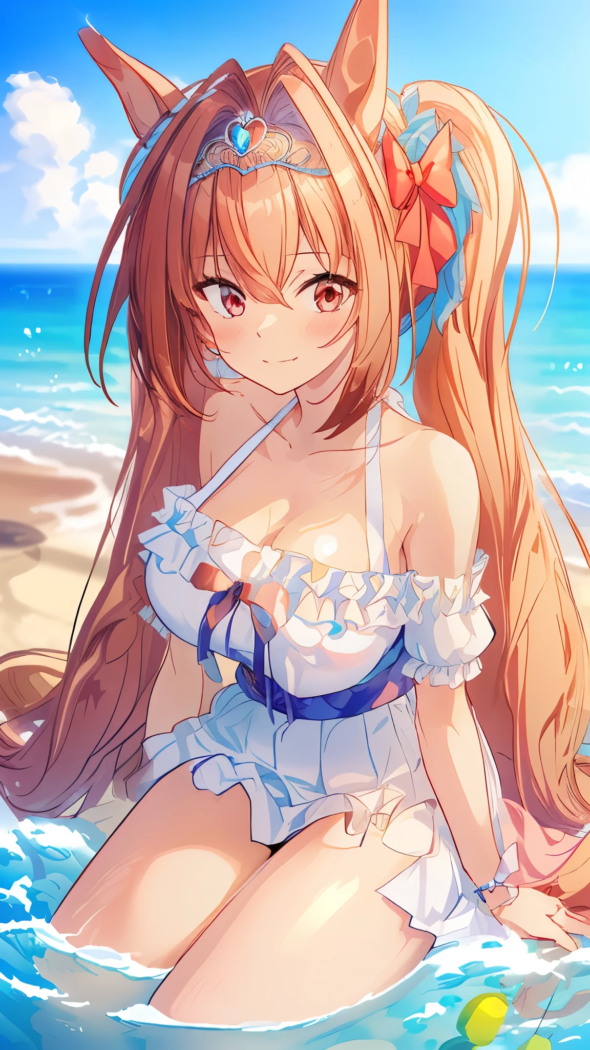 A woman in a bikini is sitting on the beach (((masterpiece, Please redeem, High resolution, 超High resolution, Pixel Perfect, Written boundary depth, 4K, , High resolution))), One Girl, smile, Very large breasts, Brown Hair, Long Hair, Twin tails, (Red eyes:1), clavicle, white bikini, belly button, Side tie bikini, (sexy), Beach, Ocean, blue sky, Show Viewer, {{Very delicate and beautiful}}, Detailed CG Unity 8k Wallpaper, (Shiny Hair:1.2), (Shiny skin:1.5),