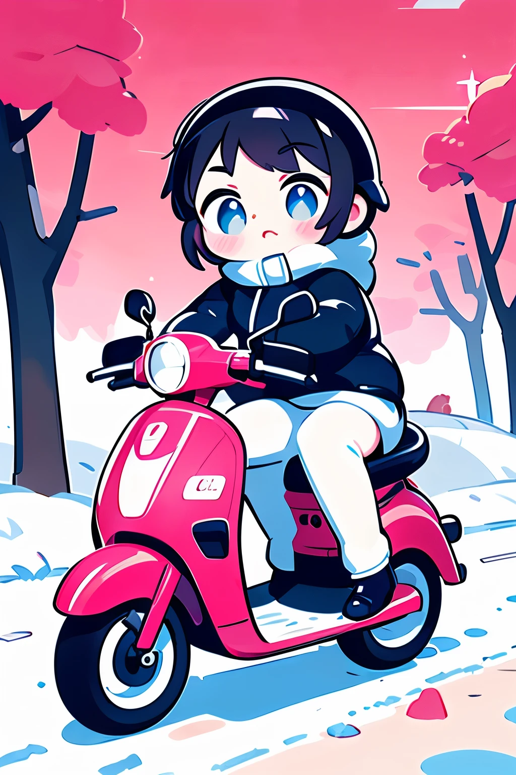 araffe riding a pink motorcycle on a snowy road with trees in the background, by mads berg, inspired by mads berg, riding, ( ( mads berg ) ), motorcycle, winter season, riding a motorcycle, wojtek fus, by Alexander Kucharsky, moped, detailed scene, alexey egorov, action shot girl in parka, by Henrik Weber