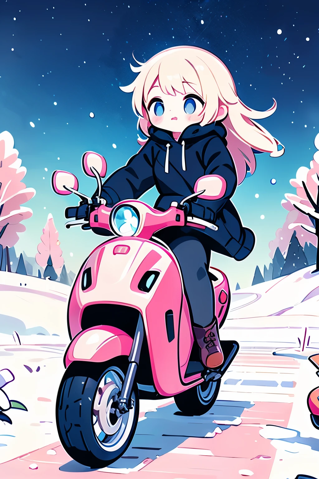 araffe riding a pink motorcycle on a snowy road with trees in the background, by mads berg, inspired by mads berg, riding, ( ( mads berg ) ), motorcycle, winter season, riding a motorcycle, wojtek fus, by Alexander Kucharsky, moped, detailed scene, alexey egorov, action shot girl in parka, by Henrik Weber