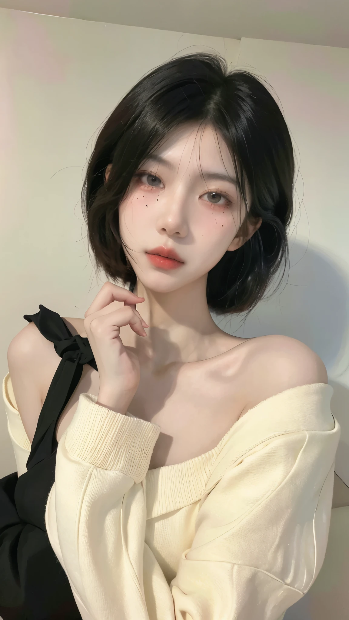High quality,2k,Beautiful woman,((Imagine:1.4)),Snow-white and clear skin,Cold and ruthless expression,Beige sweater,Have a perfect body:1.4,Layered Hairstyle,Visible cleavage,Big breasts:1.4,((whole body:1.4)),Highly detailed face and skin textures,Skin Whitening,White long hair