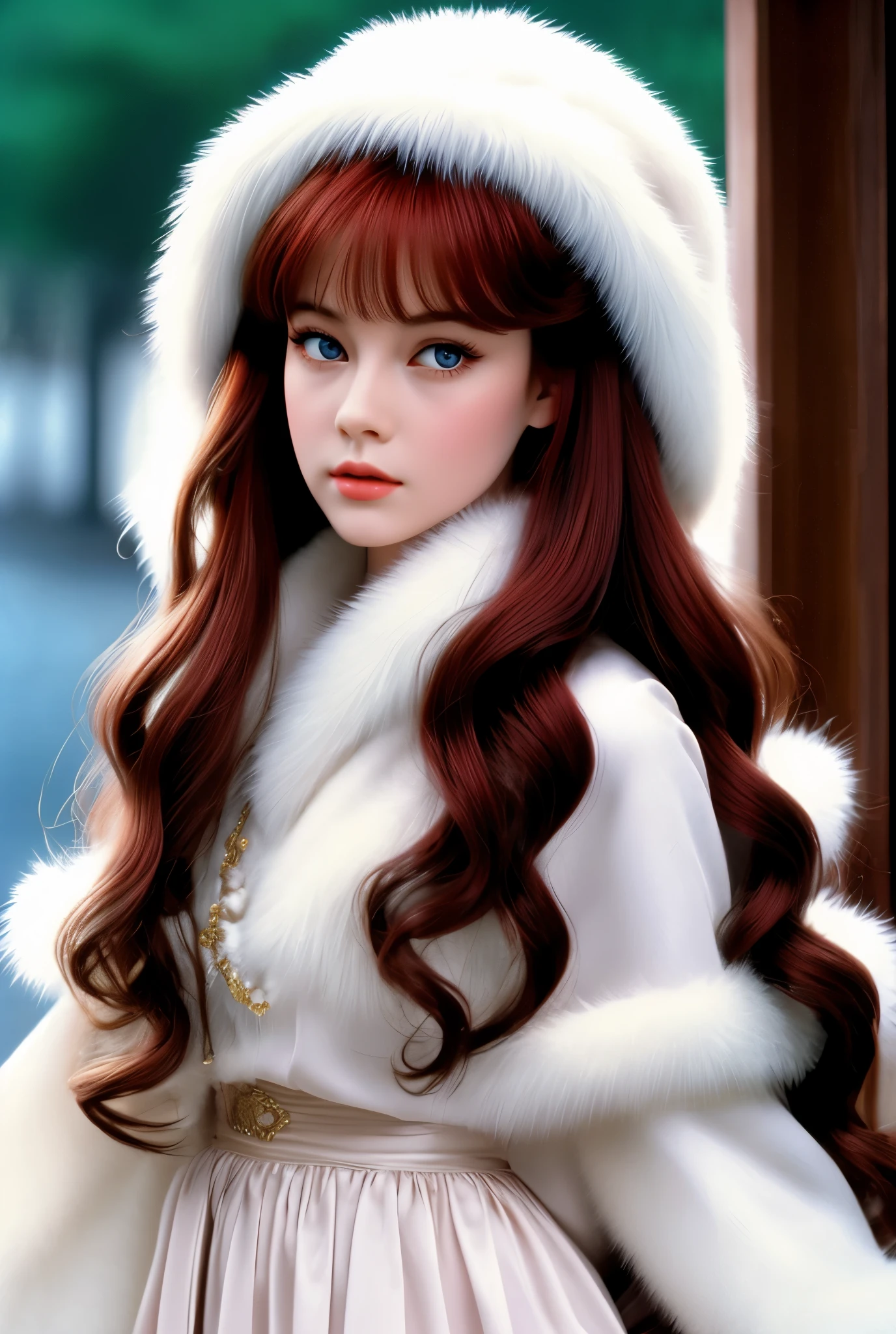 Film still, girl, dark red hair, amber eyes, long wavy hair, pale white skin, 1989 movie, faux fur