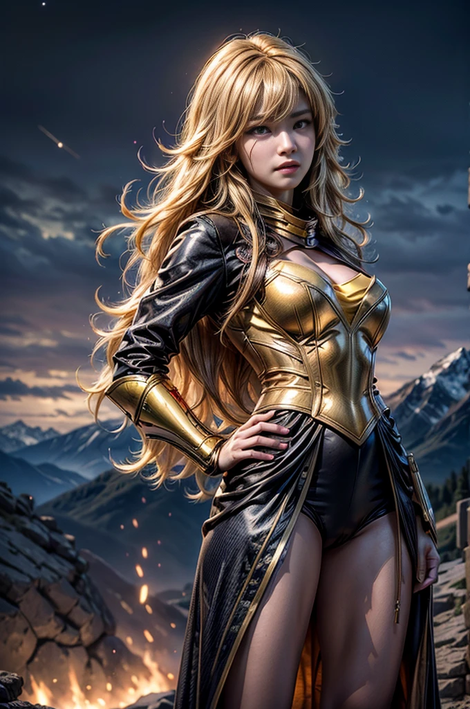 masterpiece,best quality,1girl,yang xiao long, very long hair, ahoge, purple eyes, wearing gold dress, large breasts, prosthetic arm, cowboy shot, night, stars, yang xiao long, standing on mountain path, overlooking river in far away valley, crowd, (crowd in military uniforms), bonfires masterpiece,stunning girlfriend, heart shaped face, elegant face, beautiful face, highly detailed face, highly detailed skin, skin pores, subsurface scattering, realistic pupils, looking at viewer, full lips, detailed background, depth of field, atmospheric perspective, volumetric lighting, sharp focus, absurdres, realistic proportions, good anatomy, (realistic, hyperrealistic:1.4), 16k hdr,