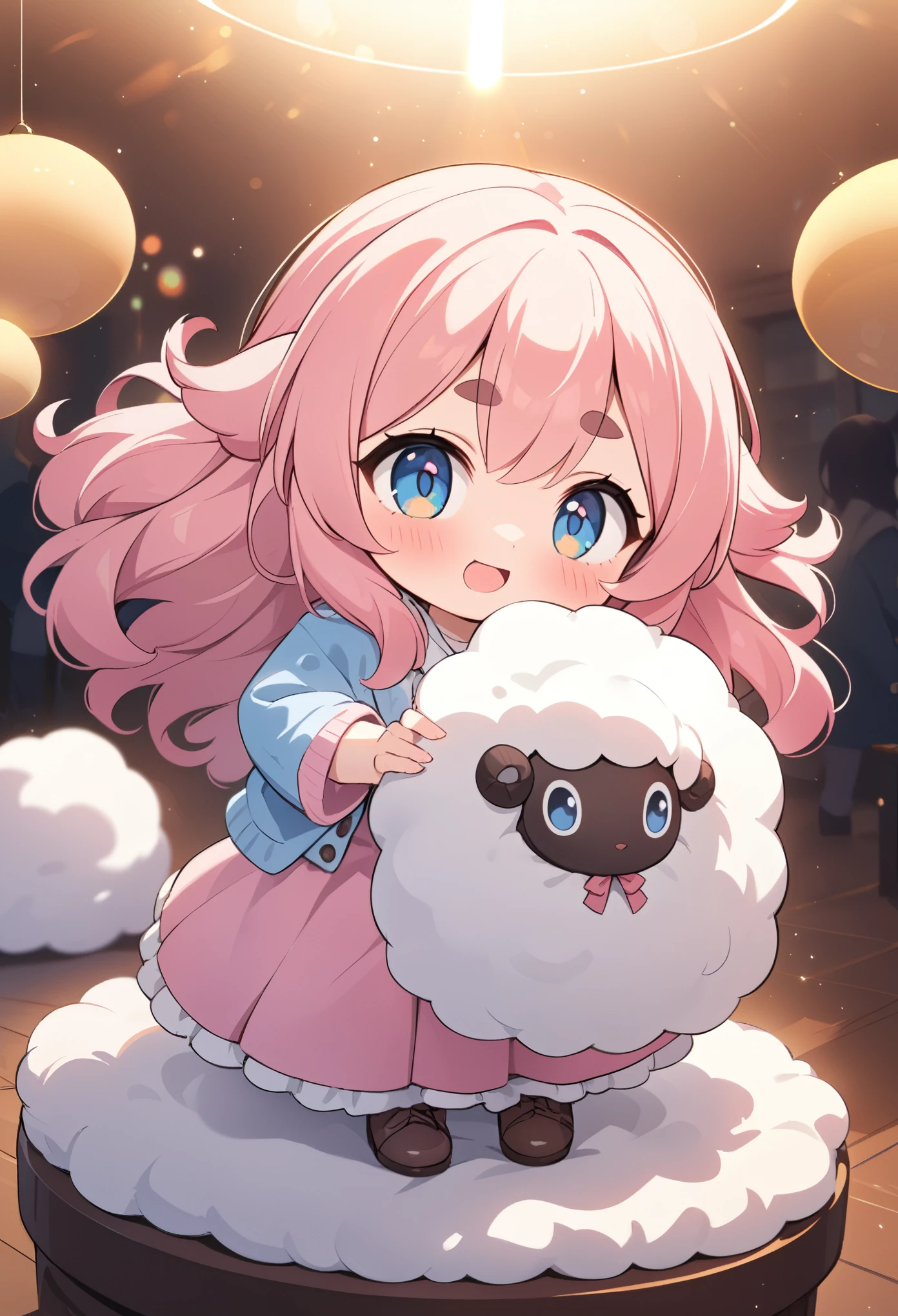 1girl\(smile, cute, Mouth open, (Fluffy hair:1.5), (hair floating),big eyes,cosmic eyes,Long Hair, hair(sheep wool), Pink Hair, ((glorious hair)), eyebrow, (((Thick eyebrows))), frilled Pink dress, Long skirt, pastel blue Cardigan, Brown short boots, riding on sheep\(fluffy\),\), BREAK ,background\(Fluffy sheeps\(big, cute\),beautiful grassfield,soft sunshine of spring season, (((isometric view))), BREAK ,quality\(8k,wallpaper of extremely detailed CG unit, ​masterpiece,hight resolution,top-quality,top-quality real texture skin,hyper realisitic,increase the resolution,RAW photos,best qualtiy,highly detailed,the wallpaper,cinematic lighting,ray trace,golden ratio,\), blurry foreground, blush, bokeh,depth of field,