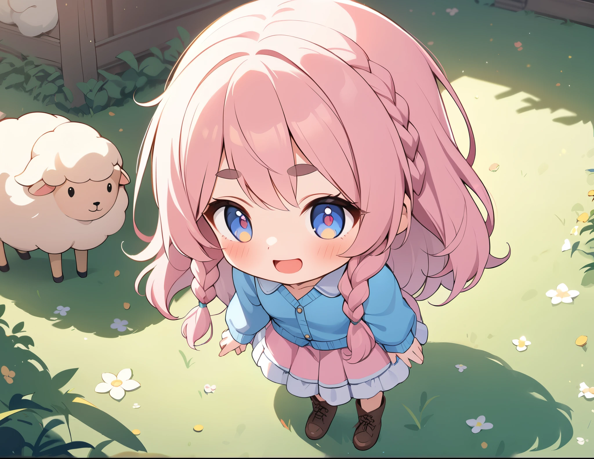 
1girl\(smile, cute, Mouth open, (Fluffy hair:1.5), (hair floating),big eyes,cosmic eyes,Long Hair, hair(sheep wool), Pink Hair, ((glorious braid hair)), eyebrow, (((Thick eyebrows))), frilled Pink dress, Long skirt, pastel blue Cardigan, Brown short boots, lean on sheep\(fluffy\),\), BREAK ,background\(Fluffy sheeps\(big, cute\),((beautiful grassfield)),soft sunshine of spring season, (((isometric view))), BREAK ,quality\(8k,wallpaper of extremely detailed CG unit, ​masterpiece,hight resolution,top-quality,top-quality real texture skin,hyper realisitic,increase the resolution,RAW photos,best qualtiy,highly detailed,the wallpaper,cinematic lighting,ray trace,golden ratio,\), blurry foreground, blush, bokeh,depth of field,