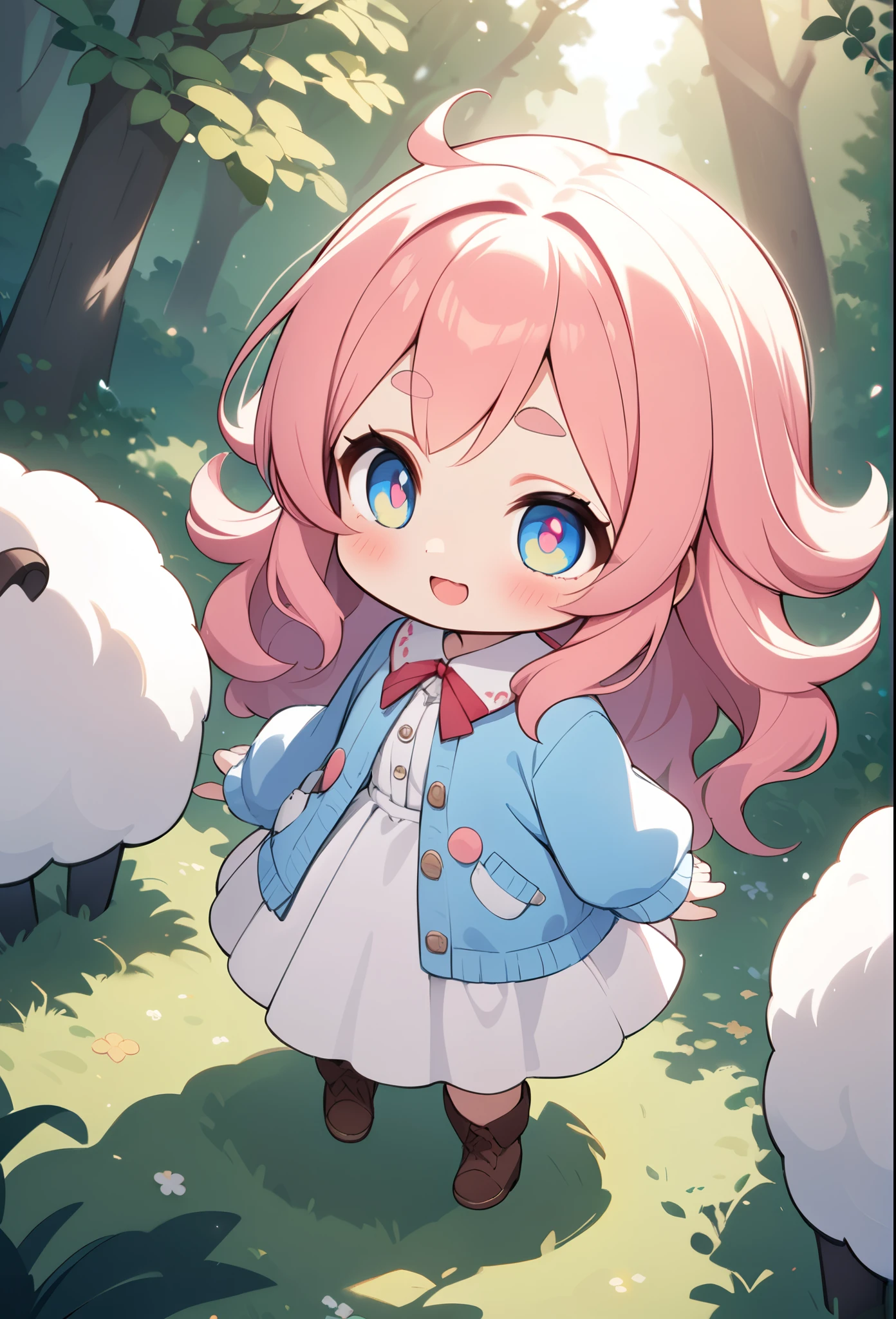 1girl\(smile, cute, Mouth open, (Fluffy hair:1.5), (hair floating),big eyes,cosmic eyes,Long Hair, hair(sheep wool), Pink Hair, ((glorious hair)), eyebrow, (((Thick eyebrows))), frilled Pink dress, Long skirt, pastel blue Cardigan, Brown short boots, riding on sheep\(fluffy\),\), BREAK ,background\(Fluffy sheeps\(big, cute\),beautiful grassfield,soft sunshine of spring season, (((isometric view:1.5))), BREAK ,quality\(8k,wallpaper of extremely detailed CG unit, ​masterpiece,hight resolution,top-quality,top-quality real texture skin,hyper realisitic,increase the resolution,RAW photos,best qualtiy,highly detailed,the wallpaper,cinematic lighting,ray trace,golden ratio,\), blurry foreground, blush, bokeh,depth of field,