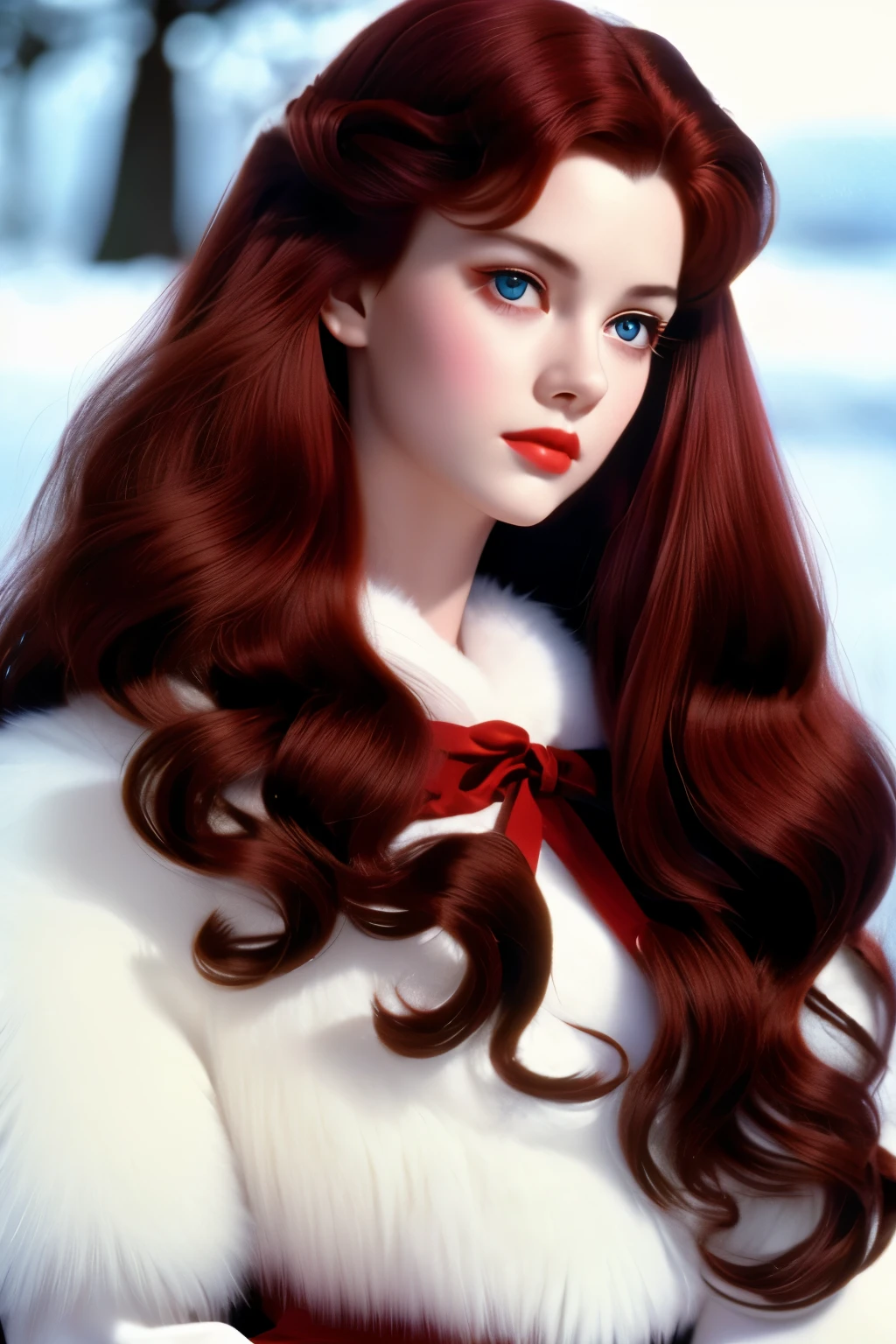 Film still, girl, dark red hair, amber eyes, long wavy hair, pale white skin, 1989 movie, faux fur