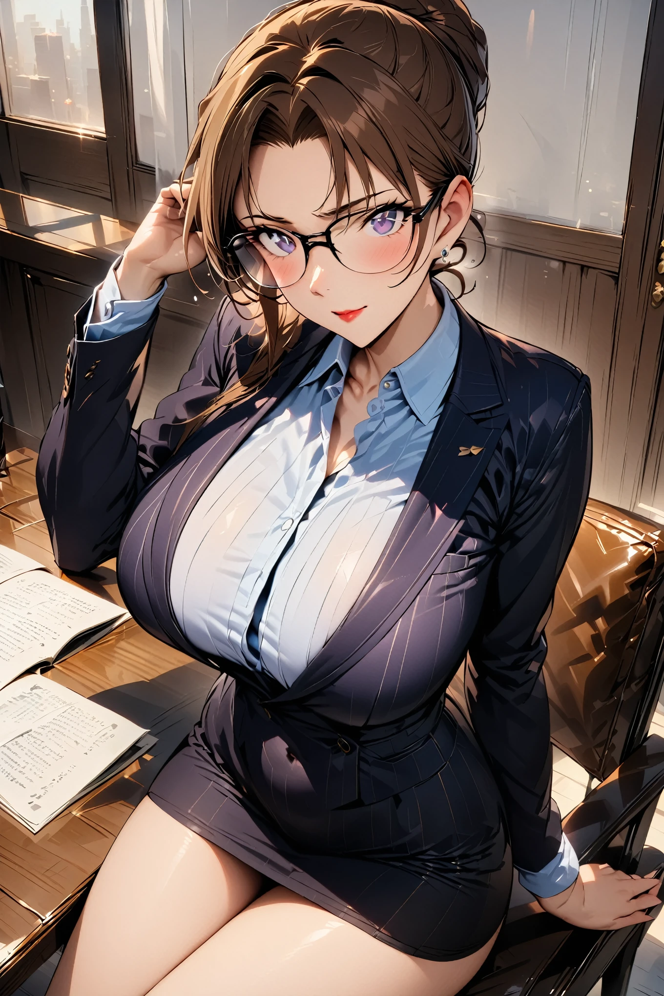 beautiful lawyer (best quality,masterpiece:1.2), perfect figure, with glasses, ultra clear, ultra detailed, depth of field, brown hair, charismatic, 3