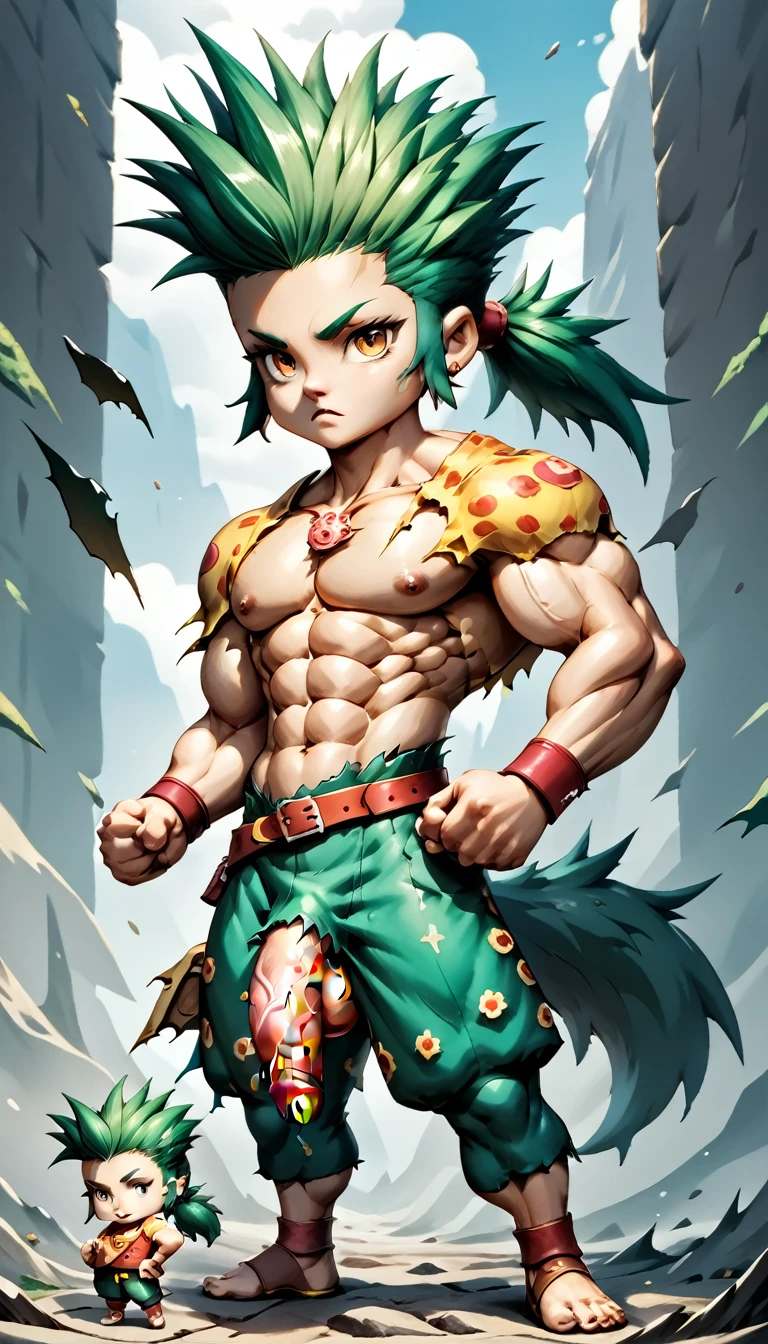 Highest quality,Masterpiece,Pro Art,8k,Anatomical,f6close,torn clothes,Green Hair,juvenile,Huge muscles,Huge erect penis,Wolf Pose,full body,Spiked Hair,Voluminous ponytail,Chibi,