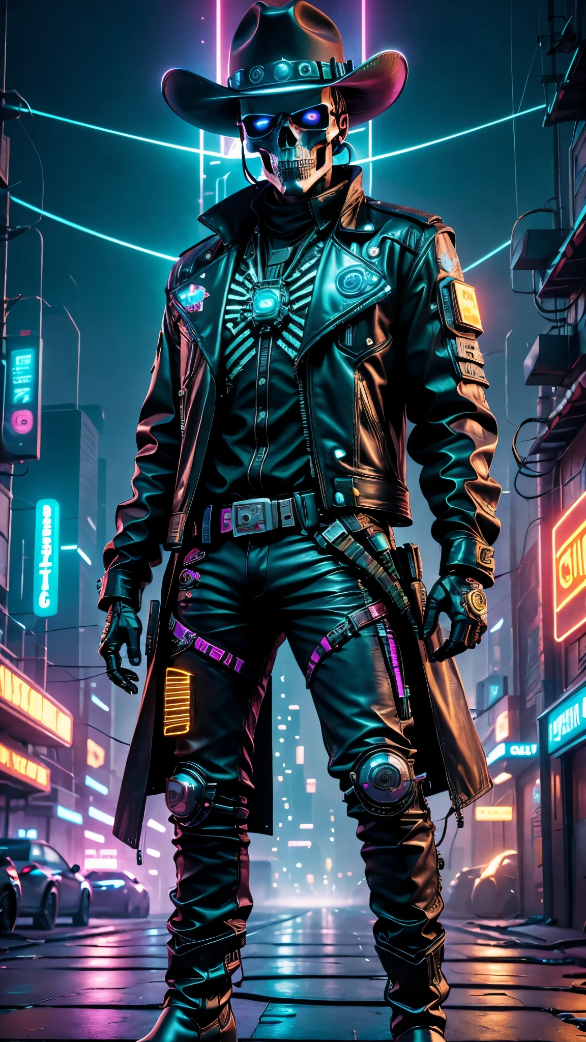 cyber punk style:Skull Robot Sheriff,metalictexture,wearing a cowboy hat+Cockade+Neon brim,Wearing a leather jacket and cowboy boots,retro futuristic style,glowing light eyes,High-tech weapons hanging from the belt,wires and cables,nighttime scene,vibrant with colors,electric sparks,Dystopian cityscape,Network enhancement,Mixed reality。(Best quality at best,4K,8K,A high resolution,tmasterpiece:1.2),ultra - detailed,(actual,photoactual,photo-actual:1.37),