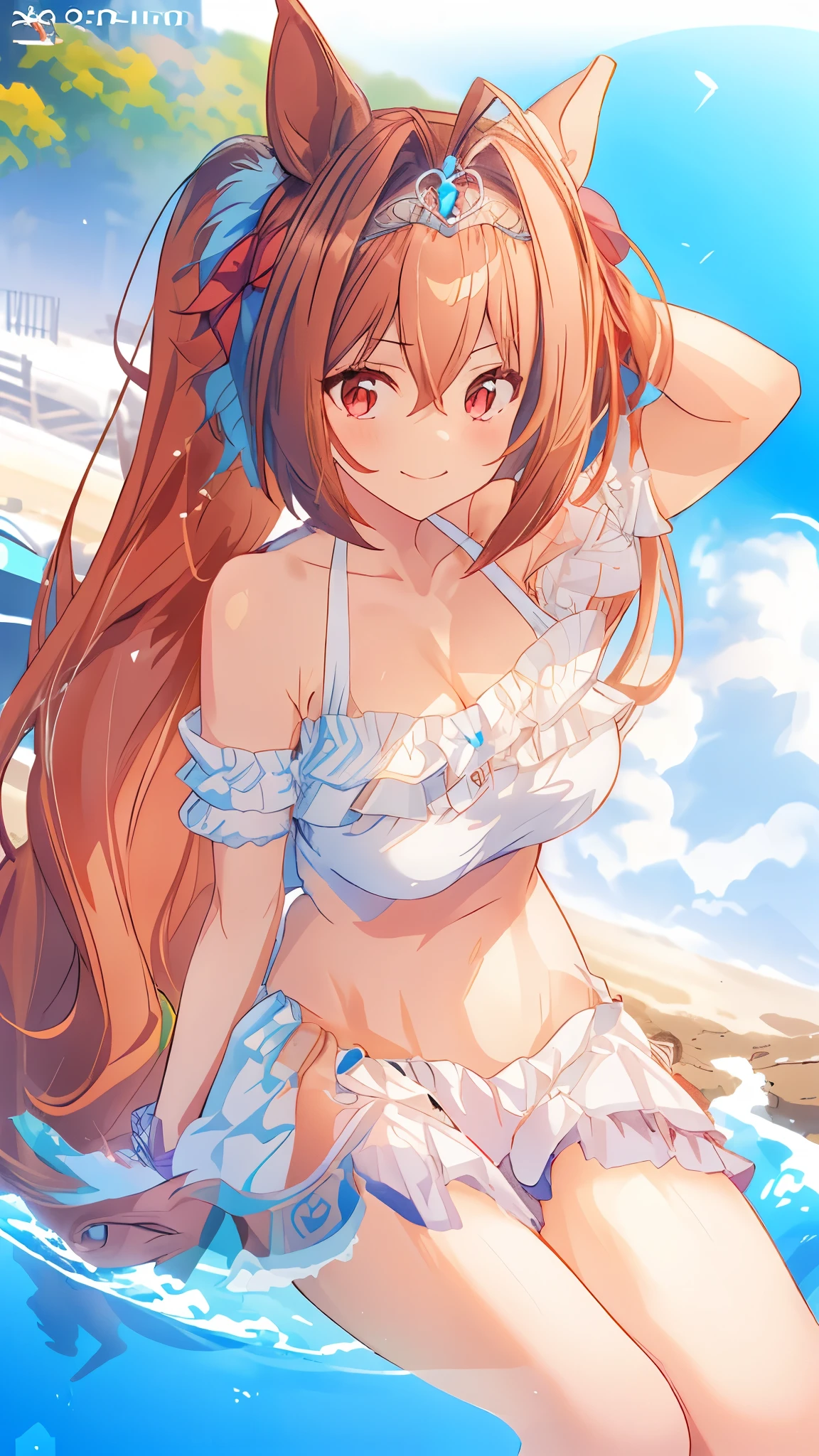 A woman in a bikini is sitting on the beach (((masterpiece, Please redeem, High resolution, 超High resolution, Pixel Perfect, Written boundary depth, 4K, , High resolution))), One Girl, smile, Very large breasts, Brown Hair, Long Hair, Twin tails, (Red eyes:1), clavicle, white bikini, belly button, Side tie bikini, (sexy), Beach, Ocean, blue sky, Show Viewer, {{Very delicate and beautiful}}, Detailed CG Unity 8k Wallpaper, (Shiny Hair:1.2), (Shiny skin:1.5),