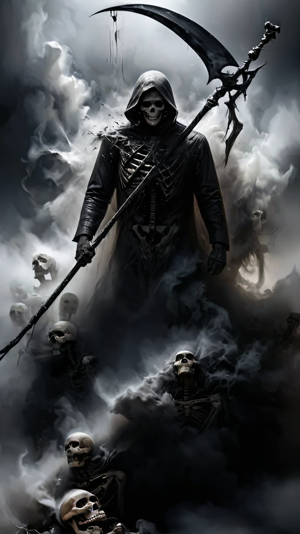 detailed, realistic, digital painting, 8k, Fog forming the figure of a grim reaper with scythe, a reaper rising from smoke, skeleton in black coat, smoky elements, gloomy atmosphere, Engulfed BY black